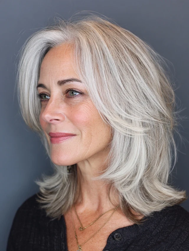 28 Winter Waves Hairstyles For Women Over 60 With Silver Hair And Shine That Are Chic, Soft and Flattering 18 Glossy Silver Layers With Natural Grey Depth