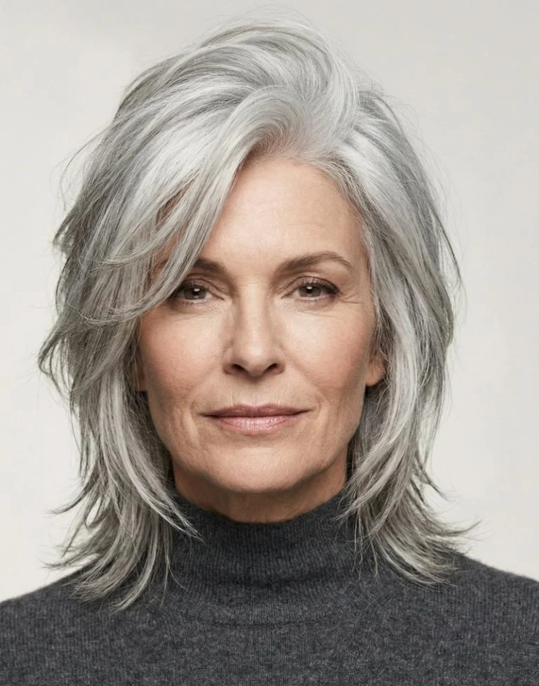 28 Winter Waves Hairstyles For Women Over 60 With Silver Hair And Shine That Are Chic, Soft and Flattering 19 Glossy Silver Layers With Winter Light Shine