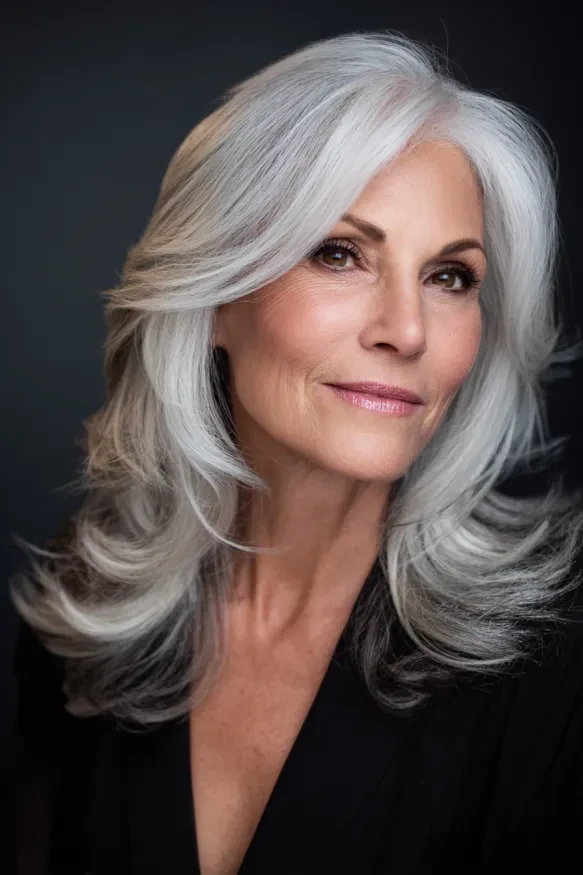 28 Winter Waves Hairstyles For Women Over 60 With Silver Hair And Shine That Are Chic, Soft and Flattering 26 Silky Silver Shoulder Waves With A Mirror Finish