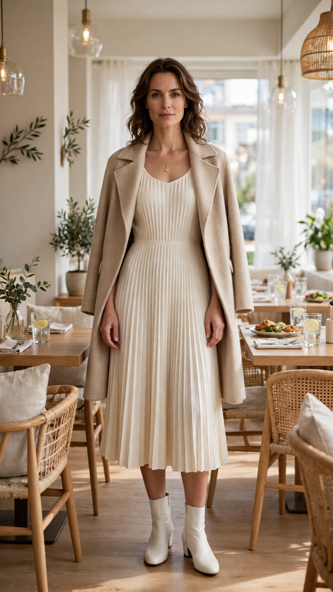 Cream Pleated Dress with a Beige Coat and White Ankle Boots
