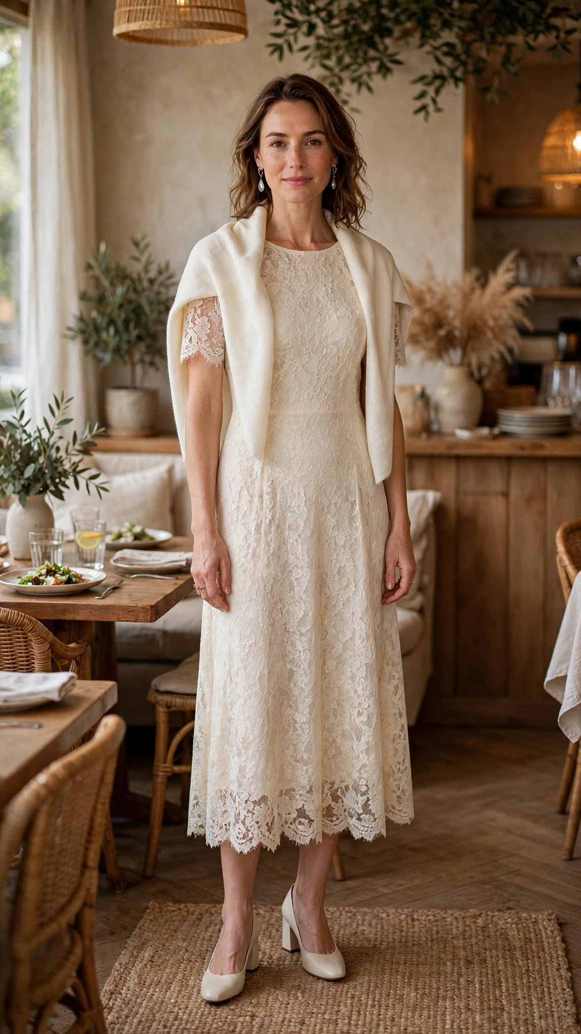 Cream Lace Dress with an Ivory Shawl and Cream Block Heels