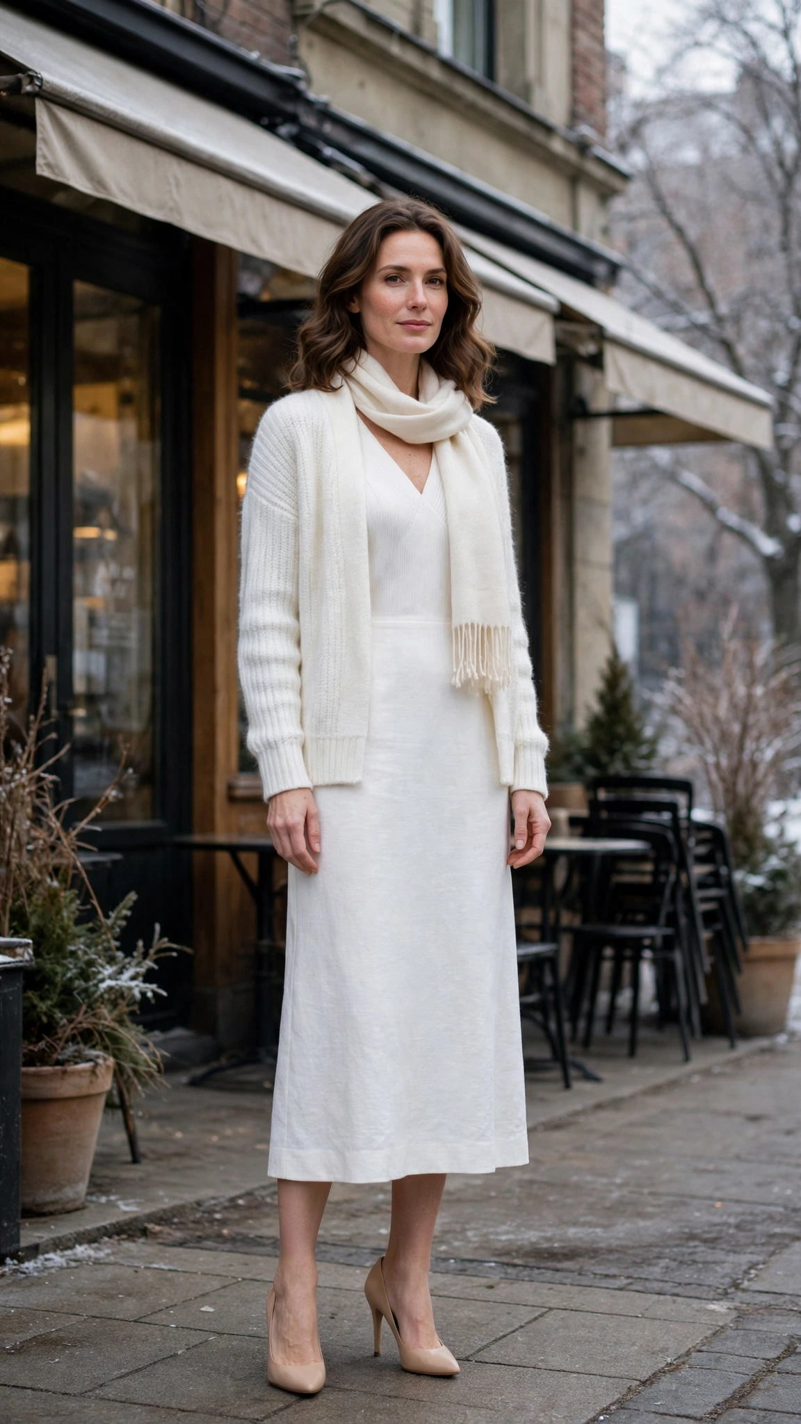 Winter White Midi Dress with a Soft White Cardigan and Nude Heels