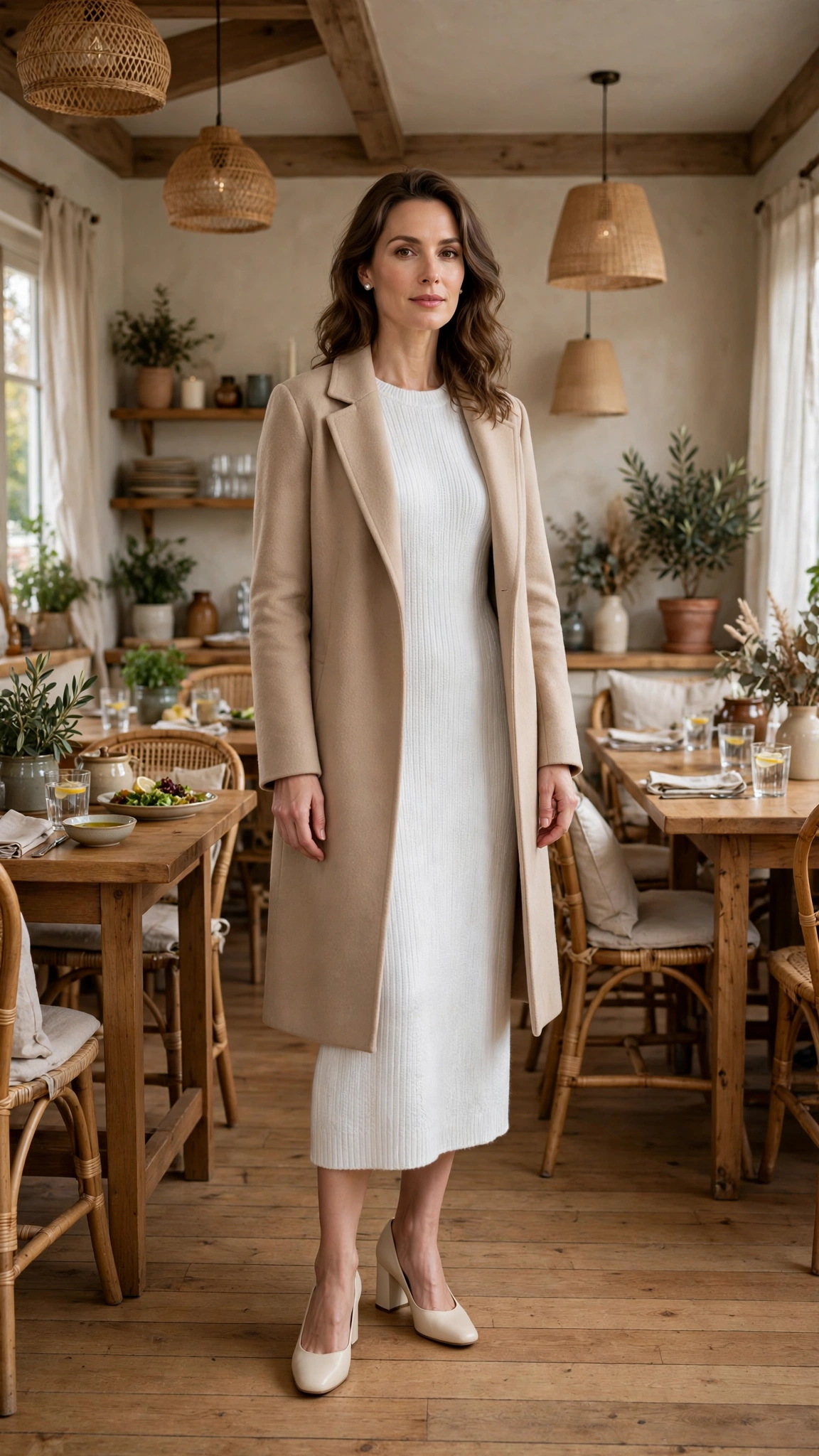 Winter White Midi Dress with a Beige Coat and Cream Block Heels