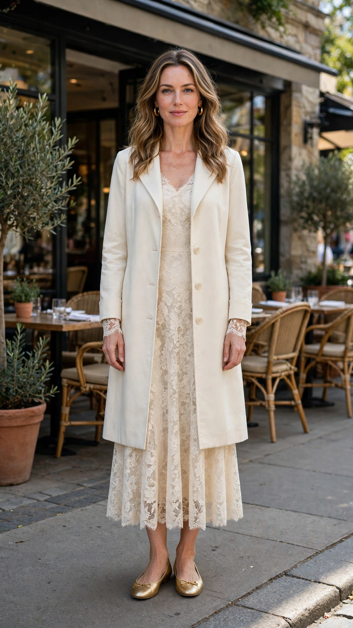 Cream Lace Dress with a Cream Coat and Gold Flats