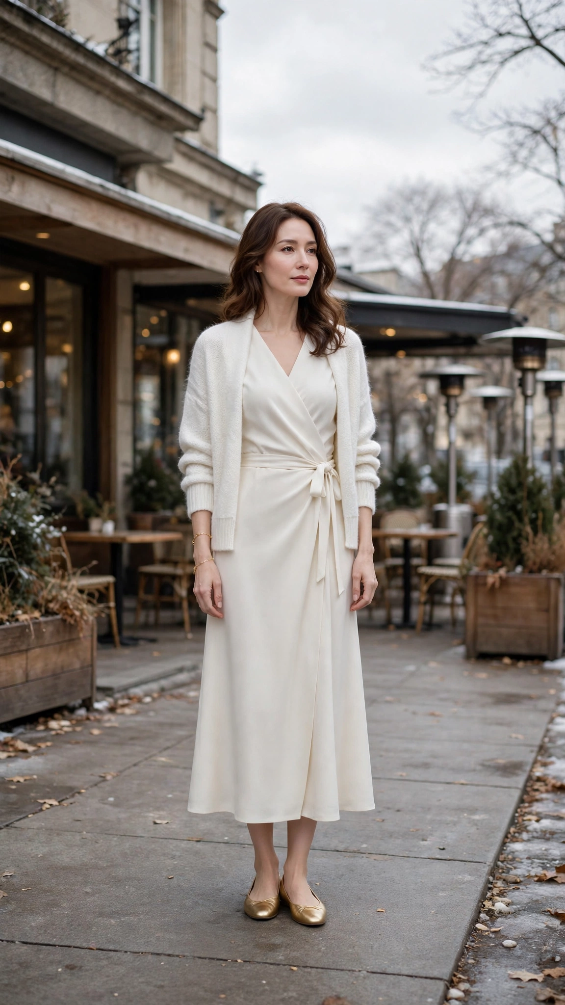 Ivory Wrap Dress with a Soft White Cardigan and Gold Flats
