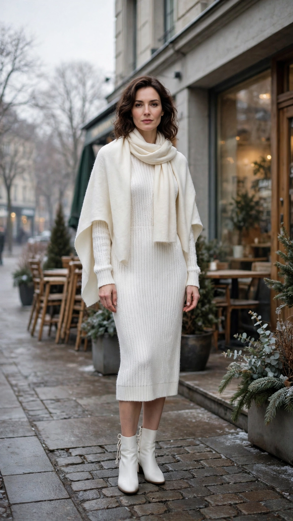 White Sweater Dress with an Ivory Shawl and White Ankle Boots