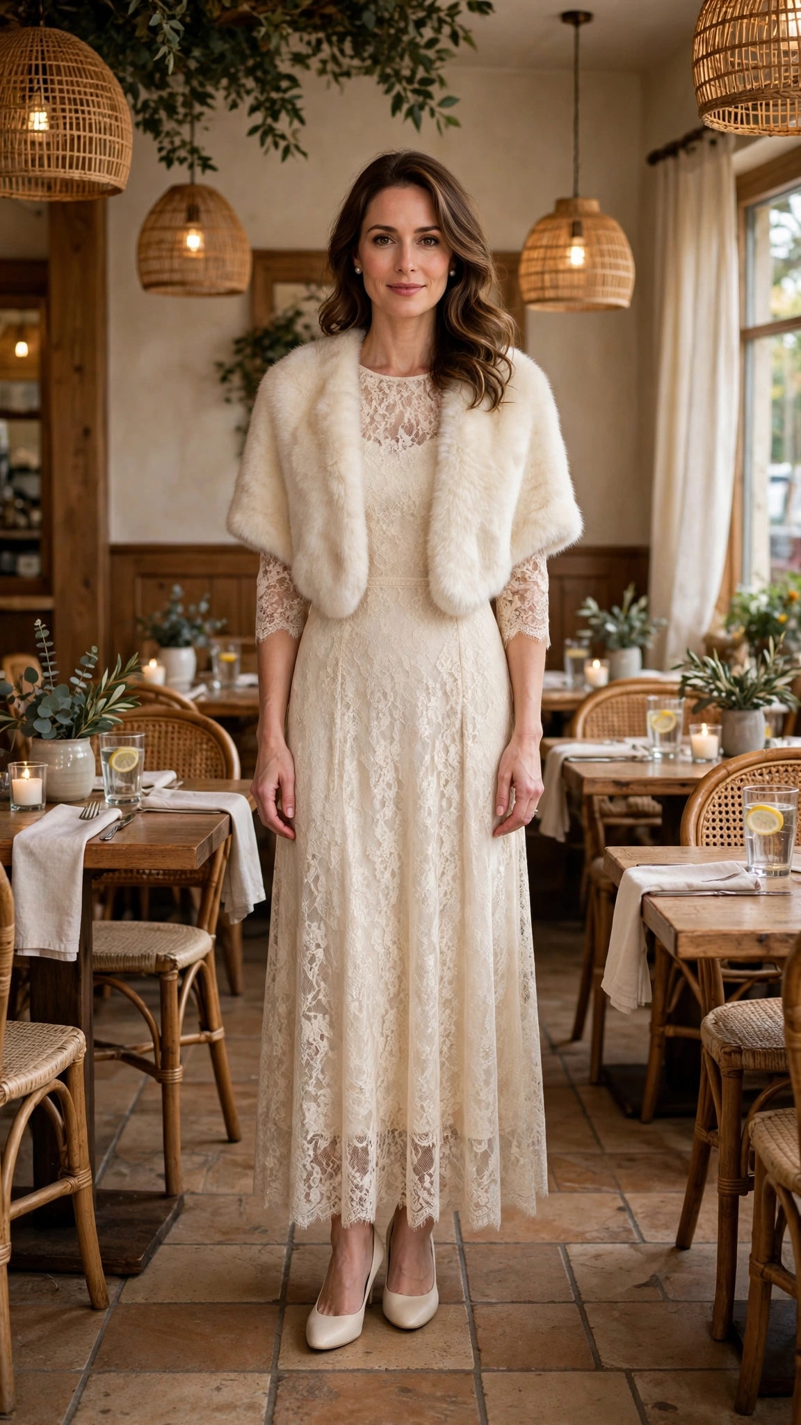 Cream Lace Dress with a Cream Faux-fur Stole and Cream Pumps