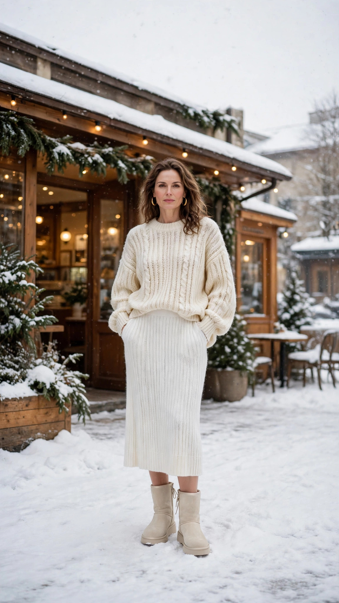 Cream Oversized Knit Sweater with a White Knit Skirt and Cream Boots