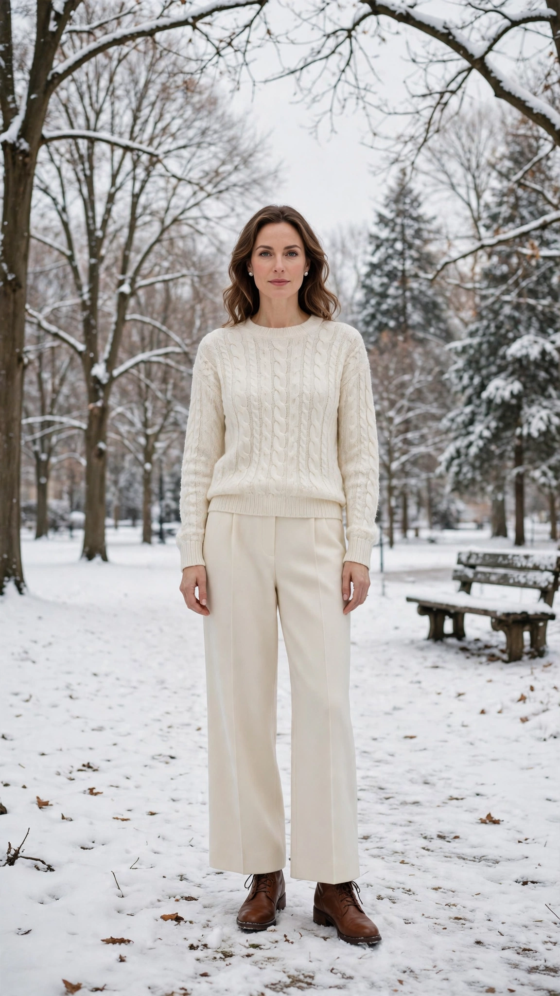 Ivory Cable-knit Sweater with Cream Wide-leg Trousers and Brown Leather Boots