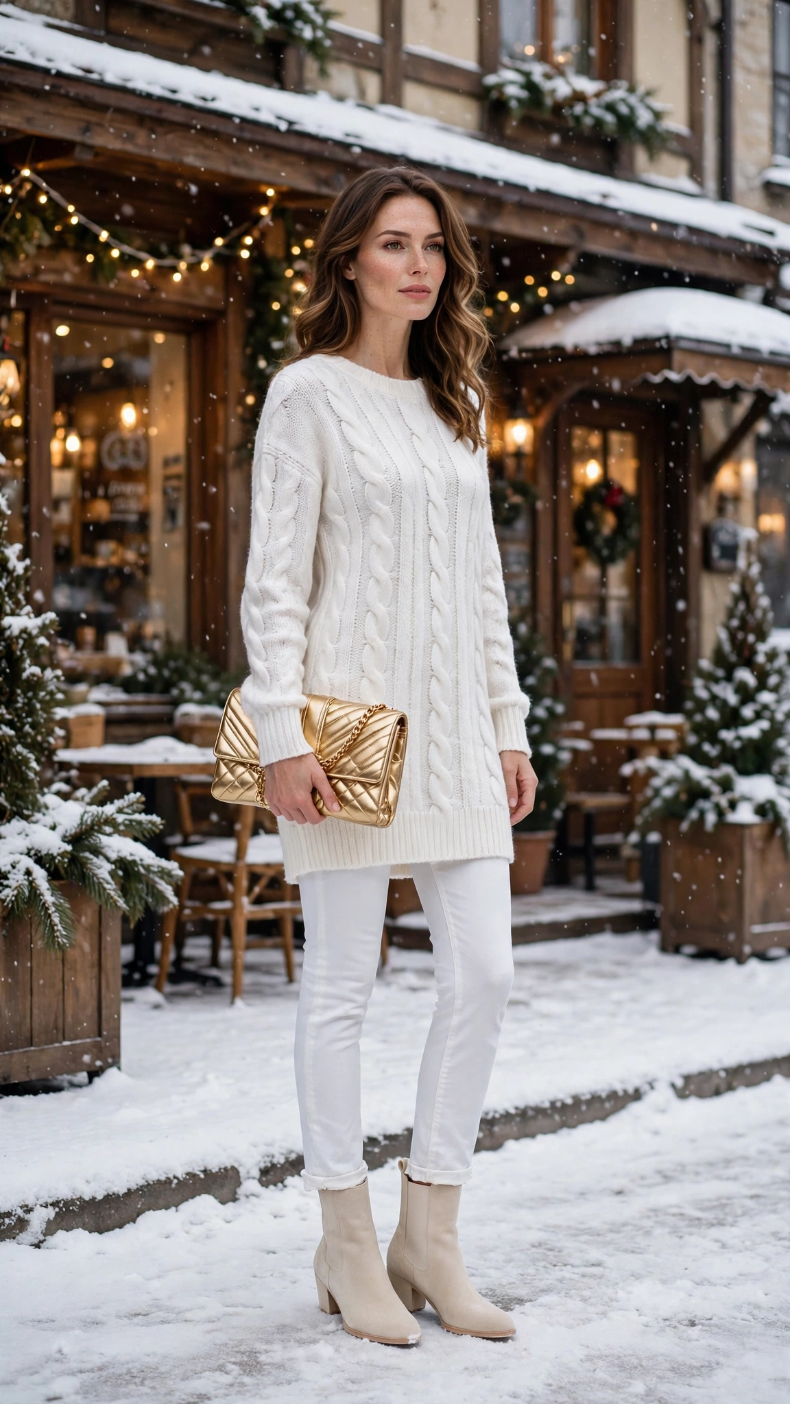 Soft White Knit Dress with White Jeans and Cream Boots