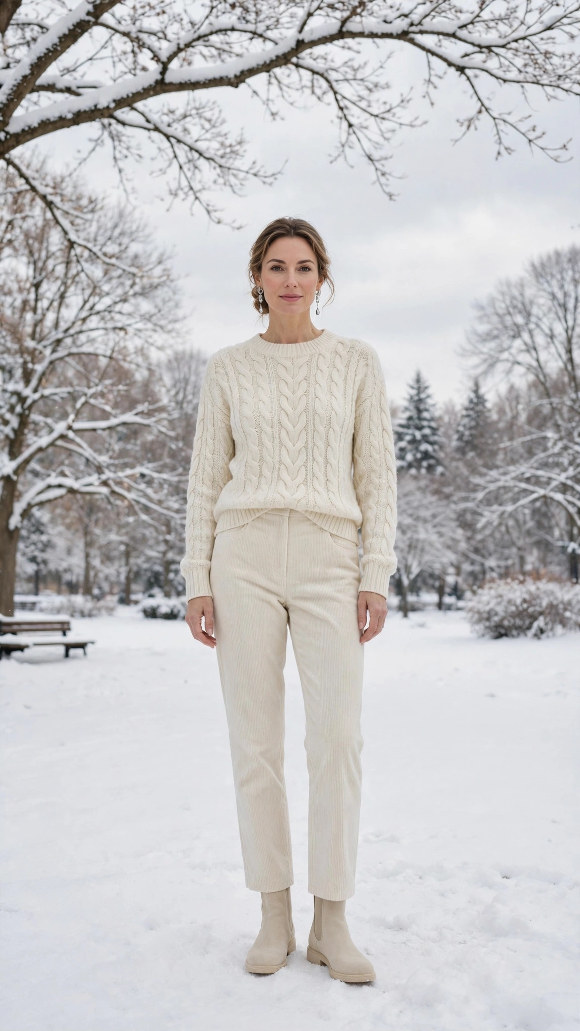 Ivory Cable-knit Sweater with Ivory Corduroy Trousers and Cream Boots