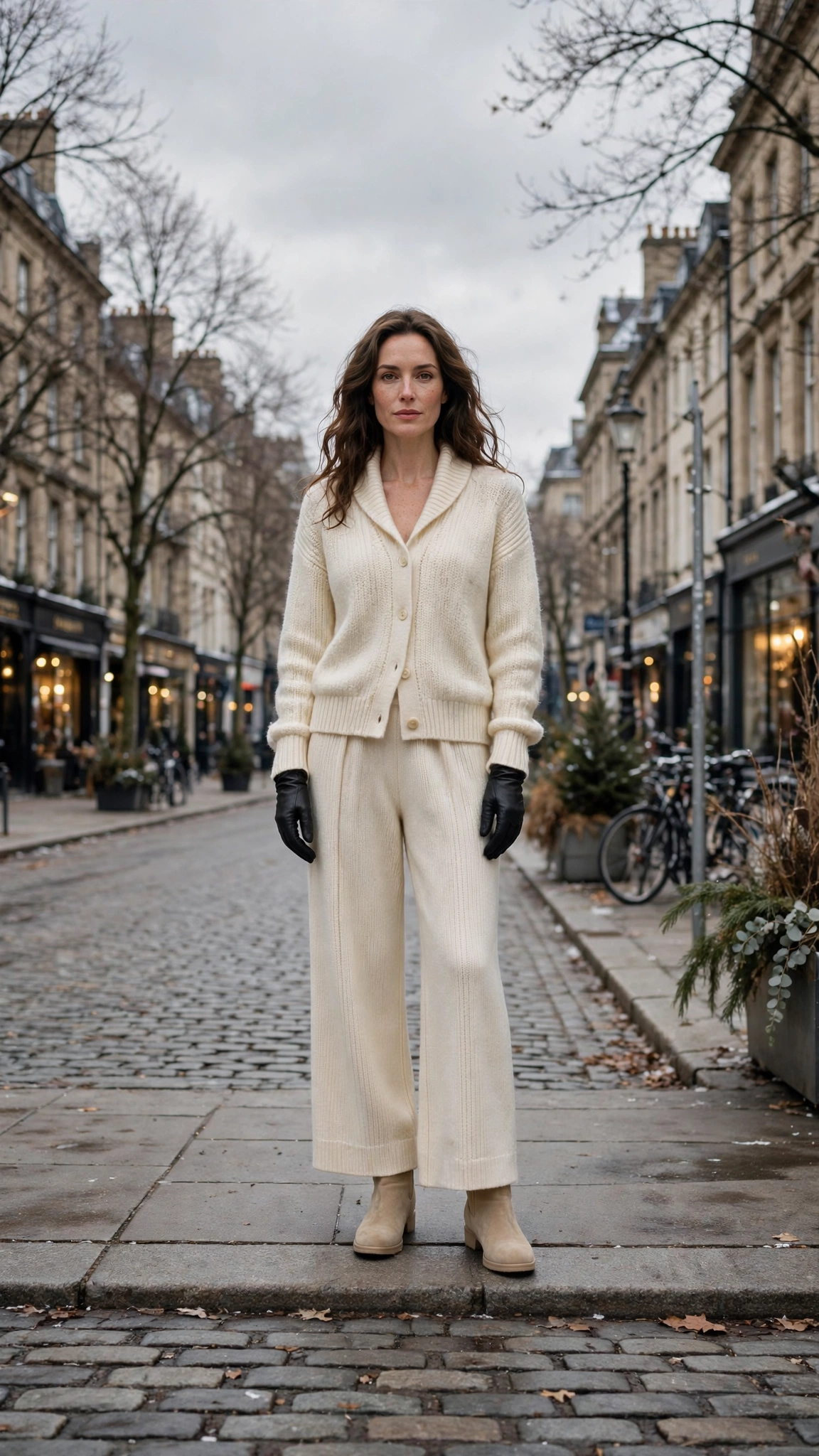 Cream Knit Co-ord with Cream Wide-leg Trousers and Beige Boots