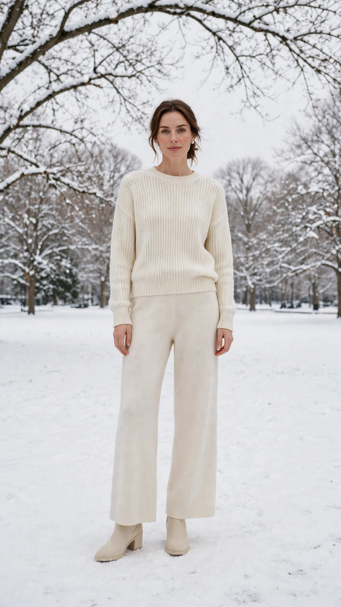 Cream Knit Co-ord with Cream Wide-leg Trousers and Cream Boots