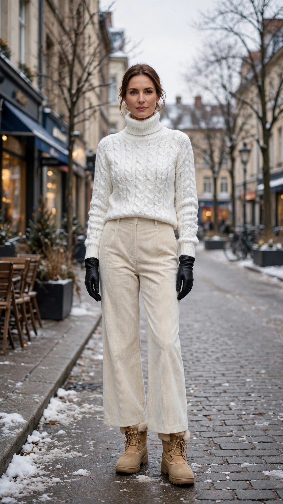 White Turtleneck Knit Sweater with Ivory Corduroy Trousers and Tan Snow Boots