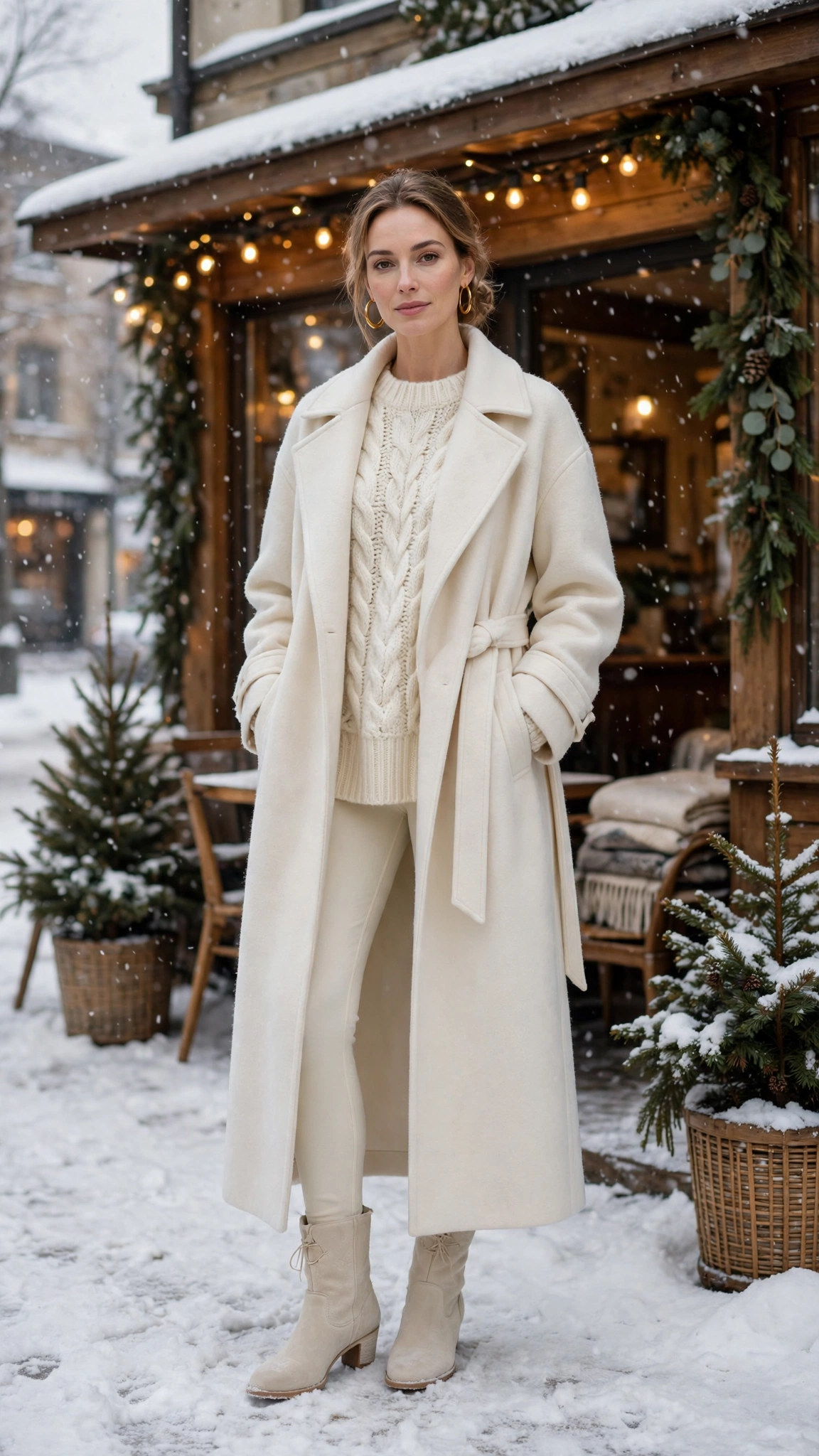 Winter White Chunky Knit Sweater with Cream Leggings and a Long Coat and Cream Boots