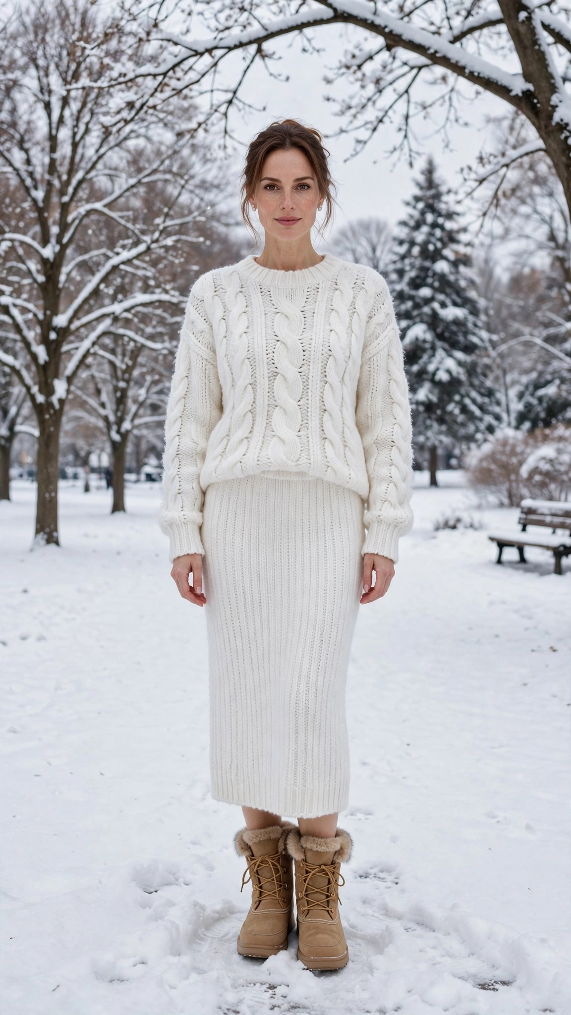 Winter White Chunky Knit Sweater with a White Knit Skirt and Tan Snow Boots