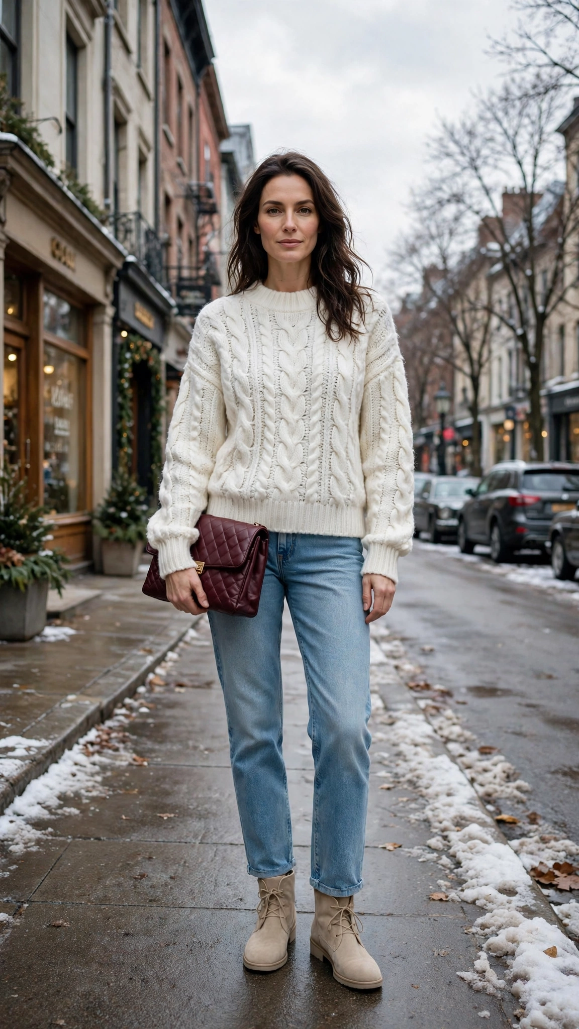 Winter White Chunky Knit Sweater with Light-wash Jeans and Beige Boots