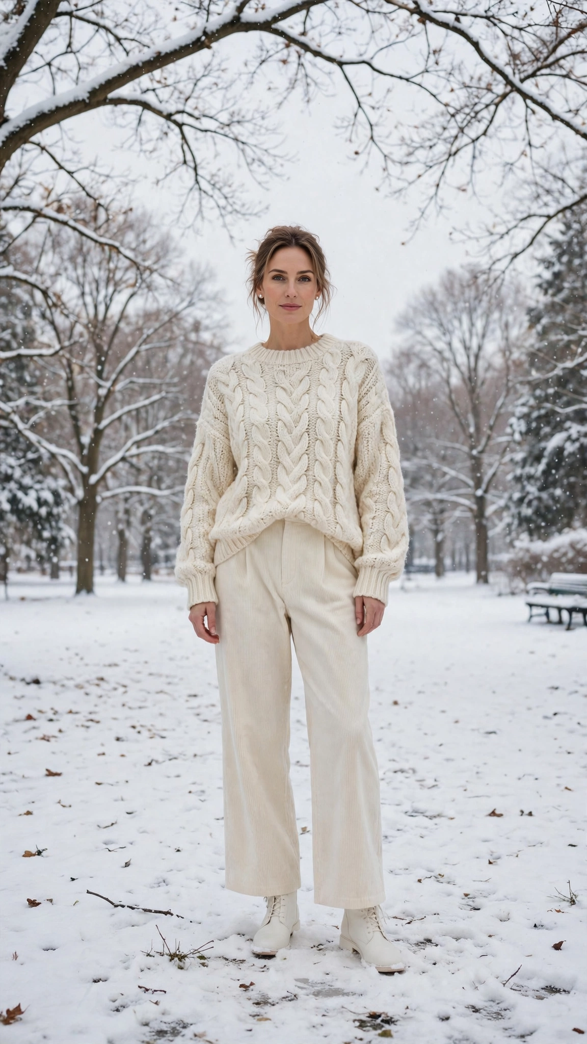 Cream Oversized Knit Sweater with Ivory Corduroy Trousers and White Ankle Boots