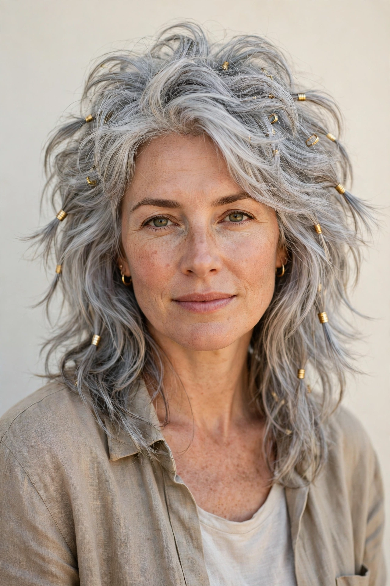 Silver Wolf Cut Hairstyles for Medium Hair with Volume at The Crown with Small Gold Cuffs