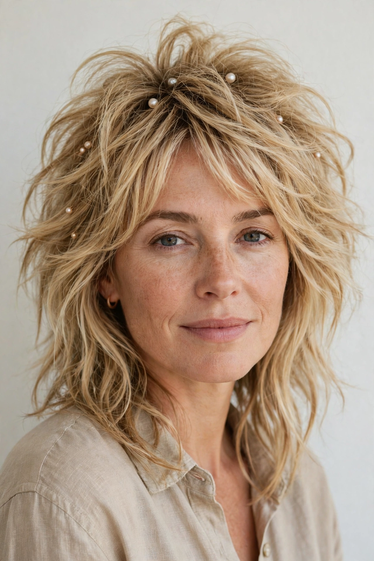 Honey Blonde Wolf Cut Hairstyles for Medium Hair with Volume at The Crown with Delicate Pearl Pins