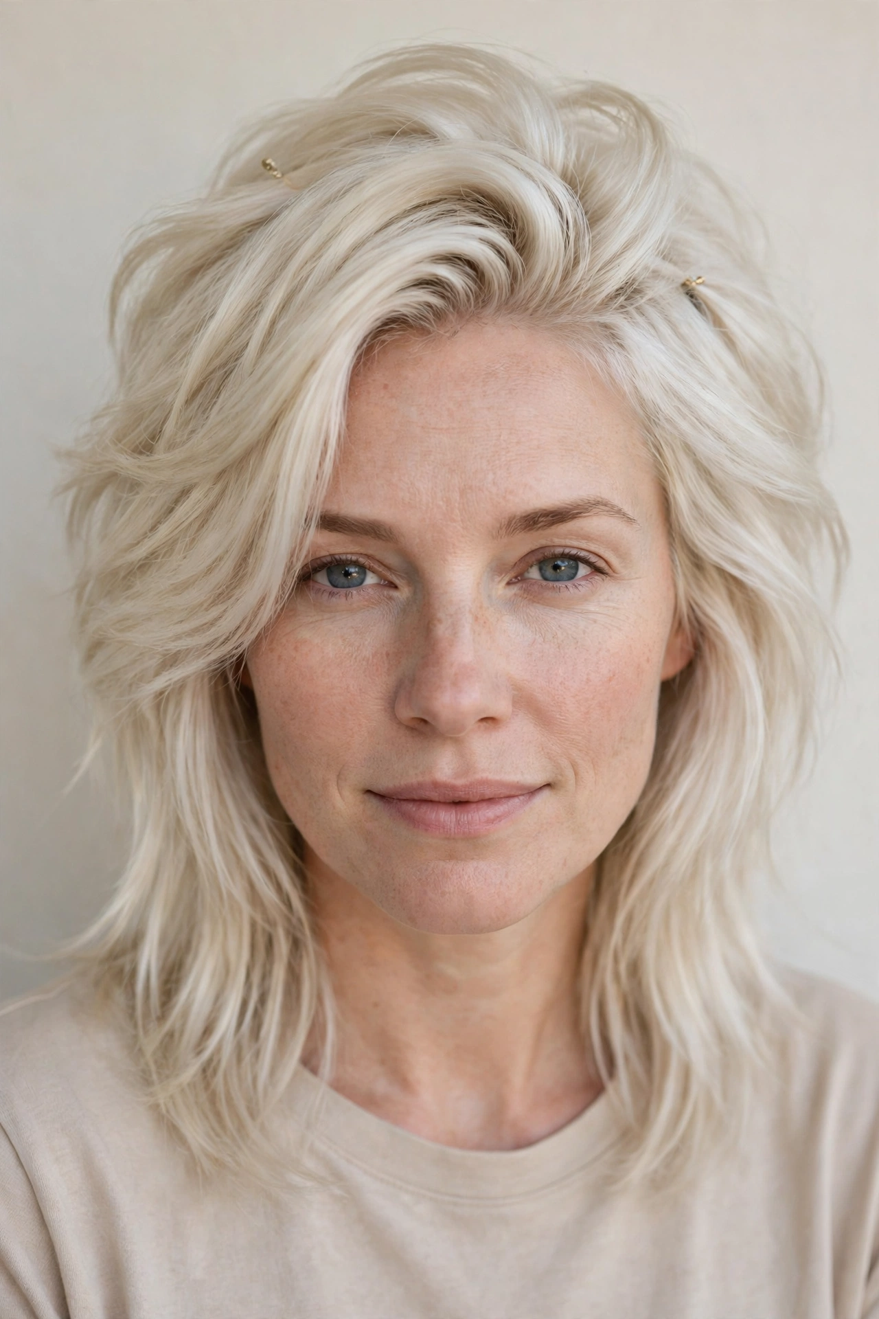 Platinum Blonde Wolf Cut Hairstyles for Medium Hair with Volume at The Crown with Minimal Gold Pins
