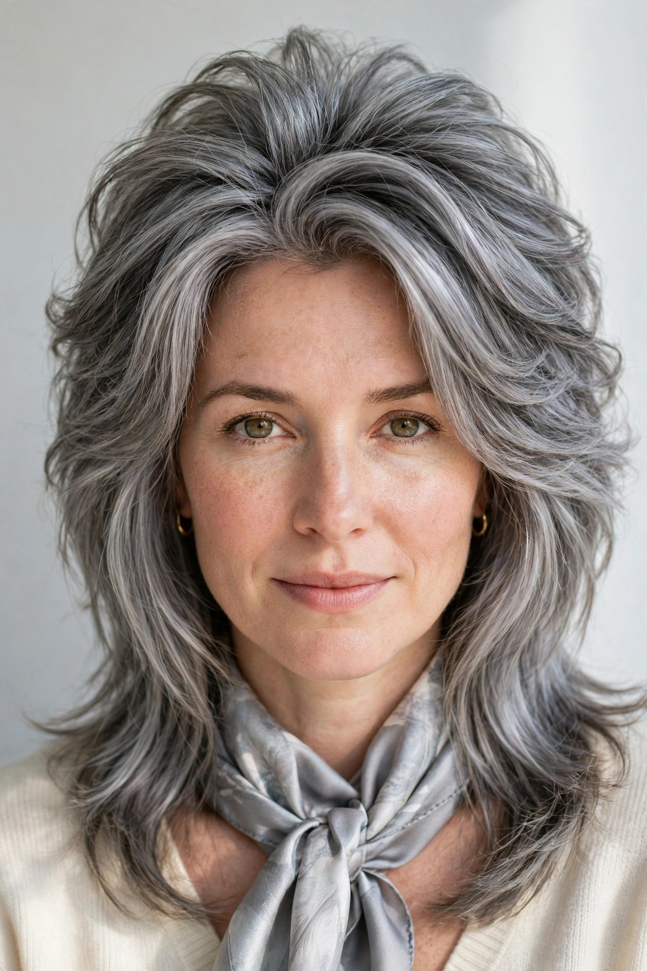 Wolf Cut Hairstyles for Medium Hair with Volume at The Crown in soft grey-blended with a sleek with shine finish
