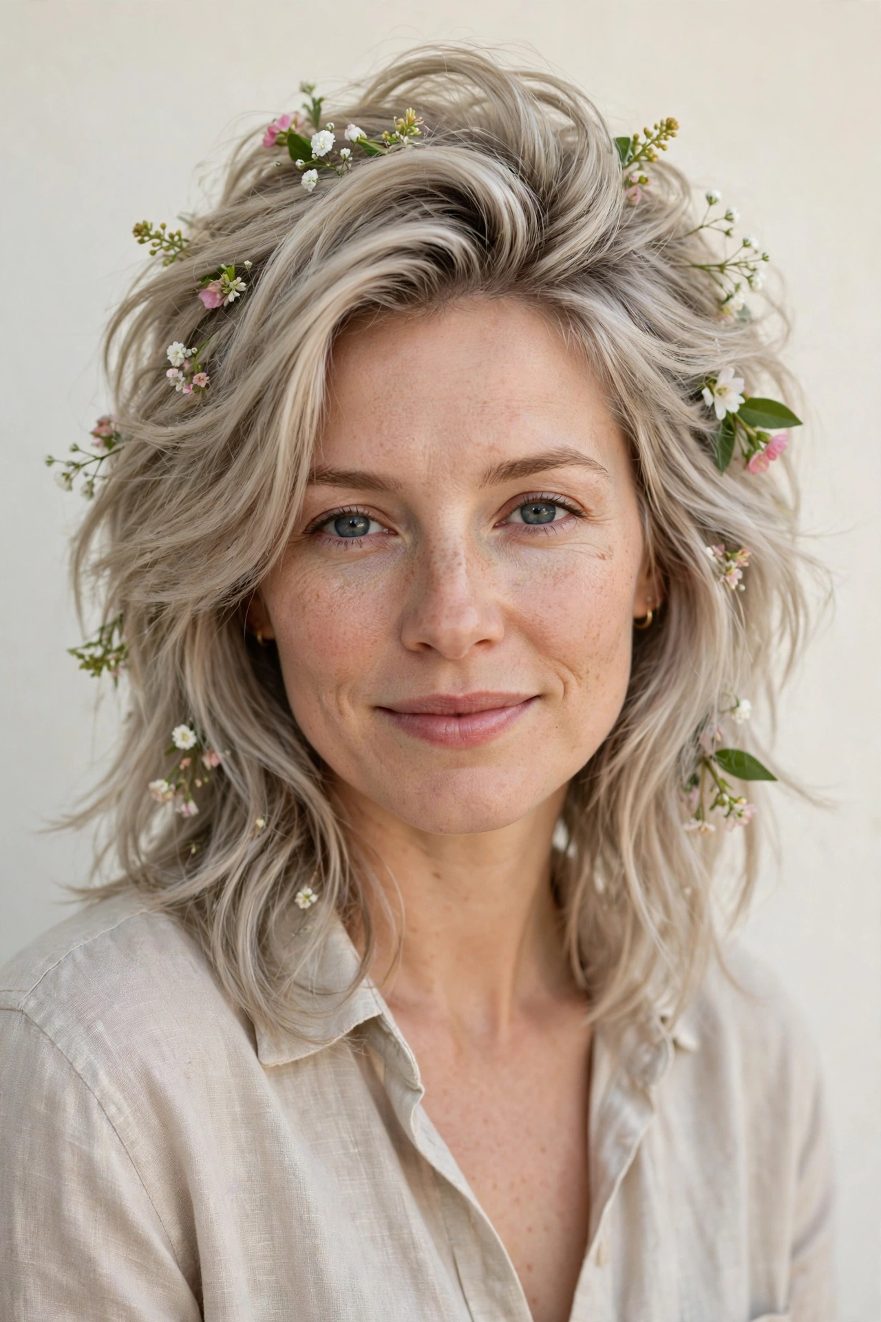 Ash Blonde Wolf Cut Hairstyles for Medium Hair with Volume at The Crown with Tiny Fresh Flowers