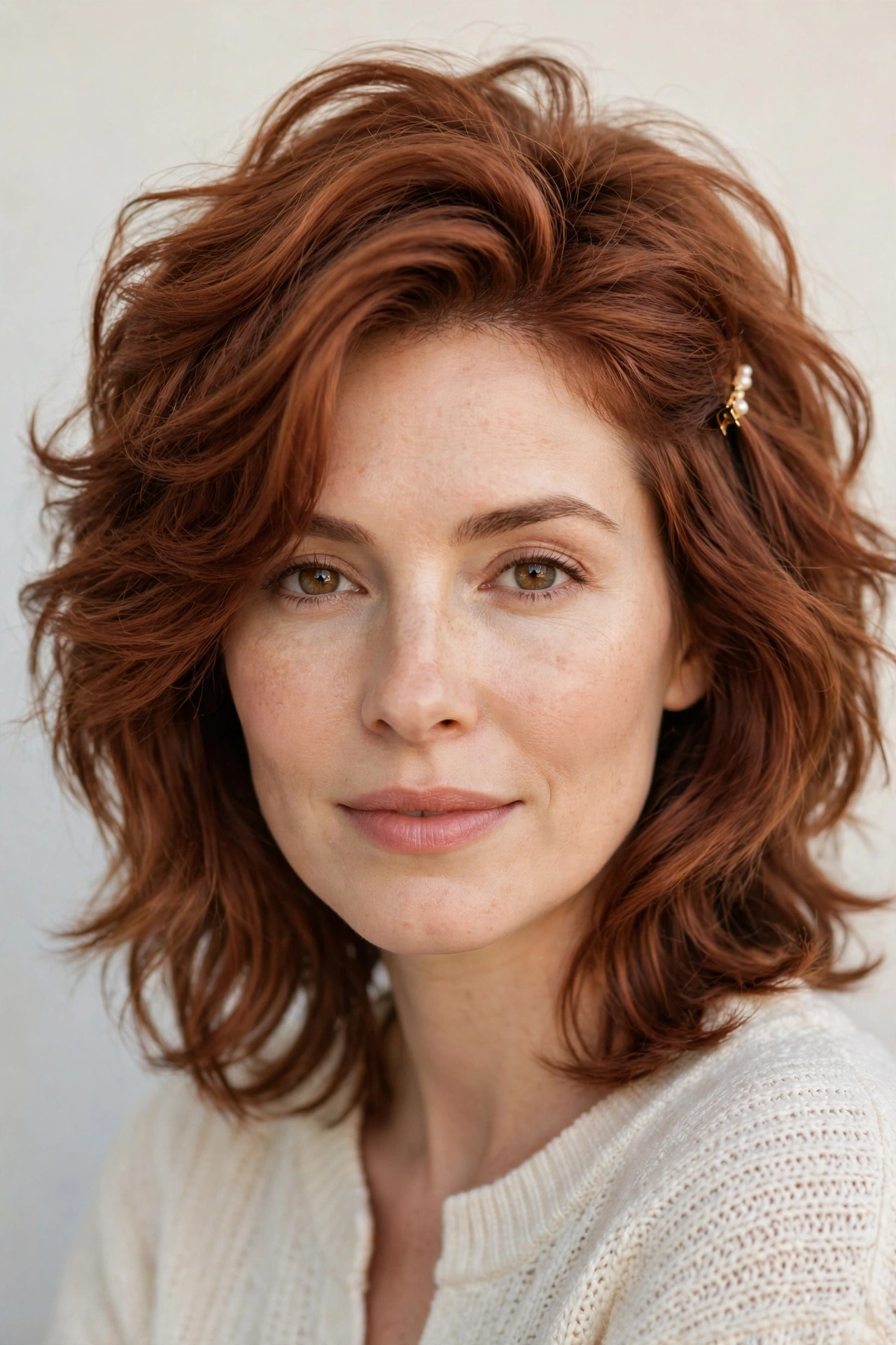 Wolf Cut Hairstyles for Medium Hair with Volume at The Crown in soft auburn with a softly waved finish