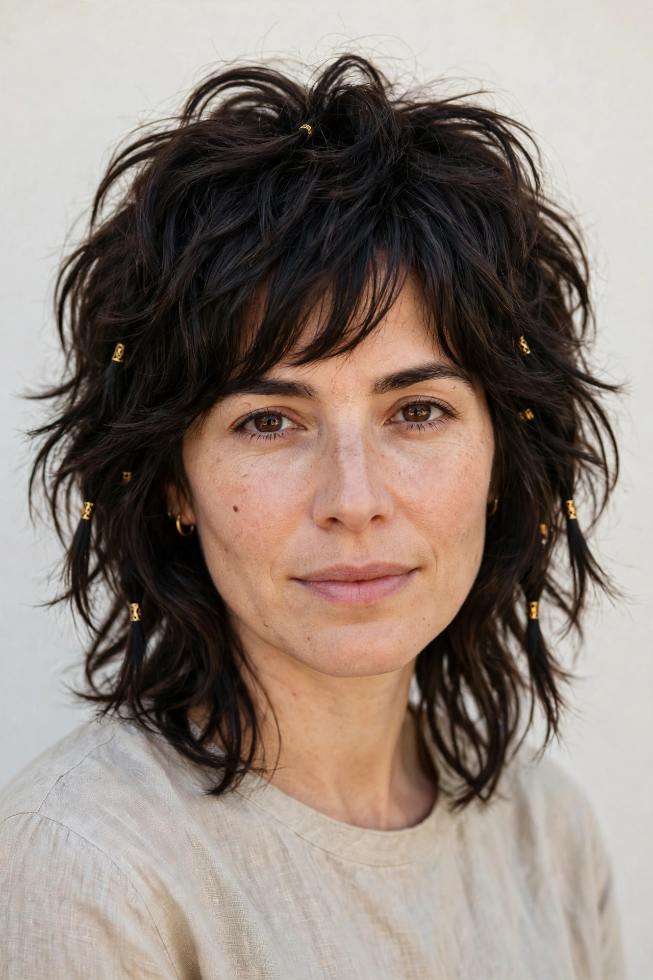 Deep Brunette Wolf Cut Hairstyles for Medium Hair with Volume at The Crown with Small Gold Cuffs