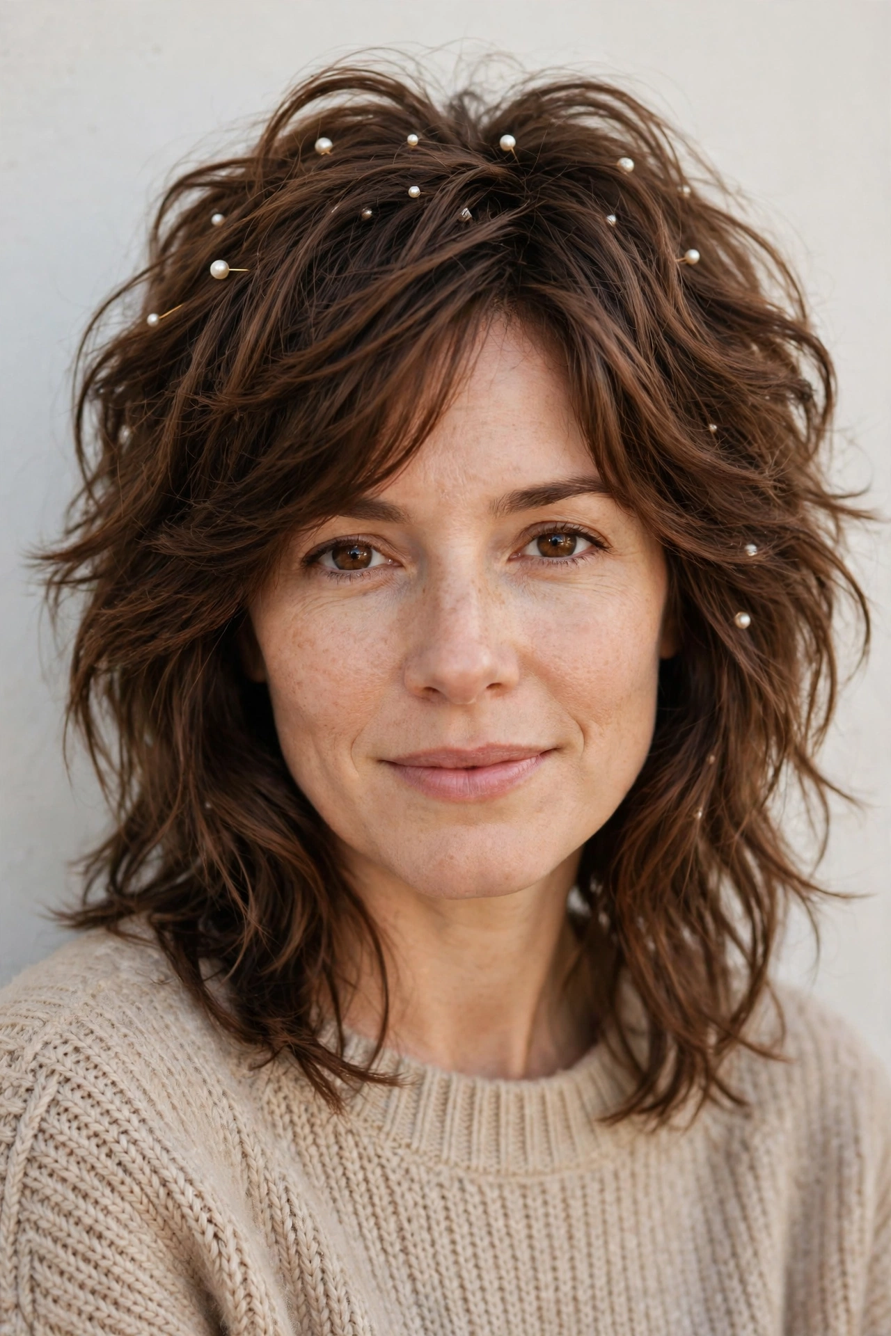 Warm Brown Wolf Cut Hairstyles for Medium Hair with Volume at The Crown with Delicate Pearl Pins