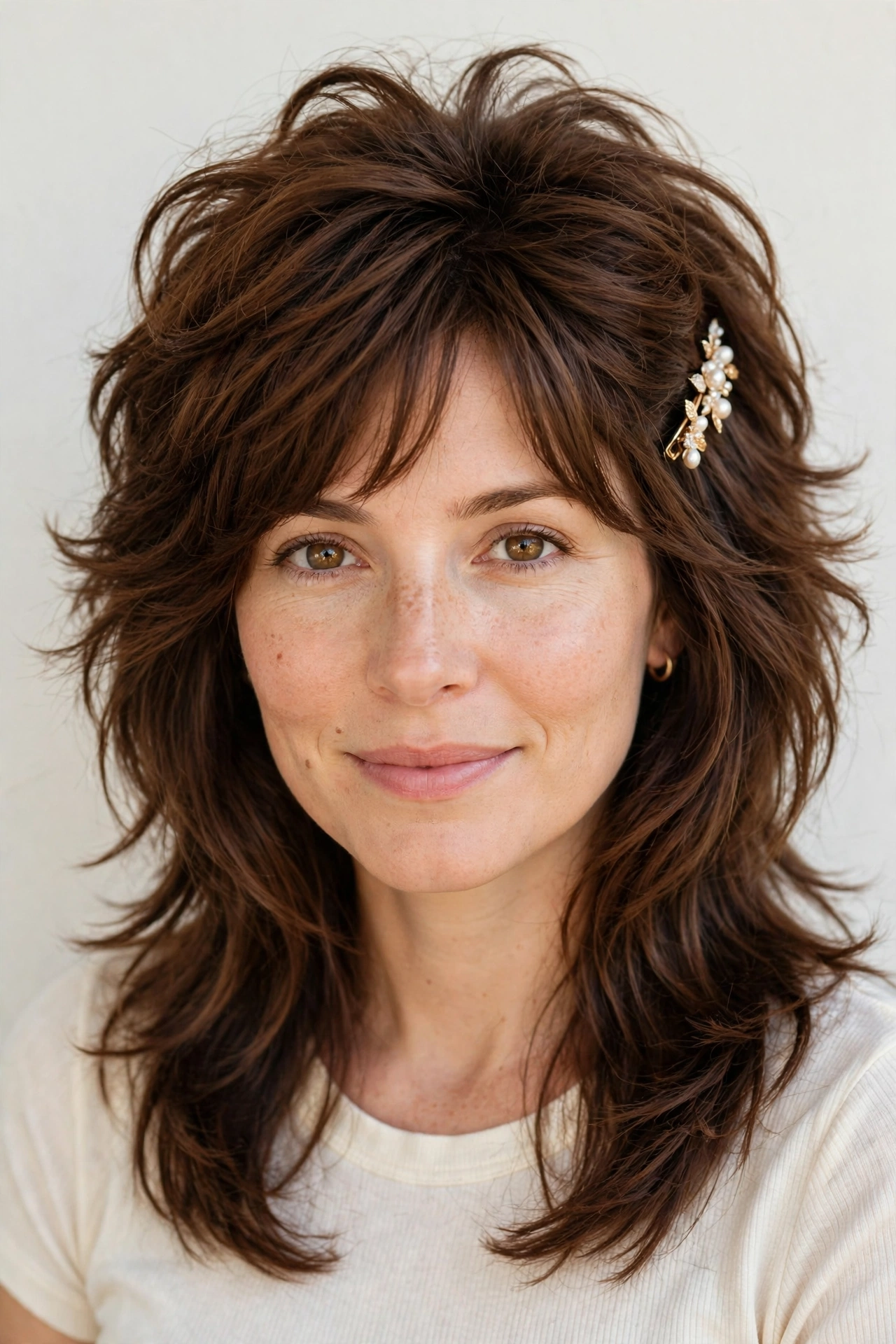Wolf Cut Hairstyles for Medium Hair with Volume at The Crown in chestnut with a softly textured finish
