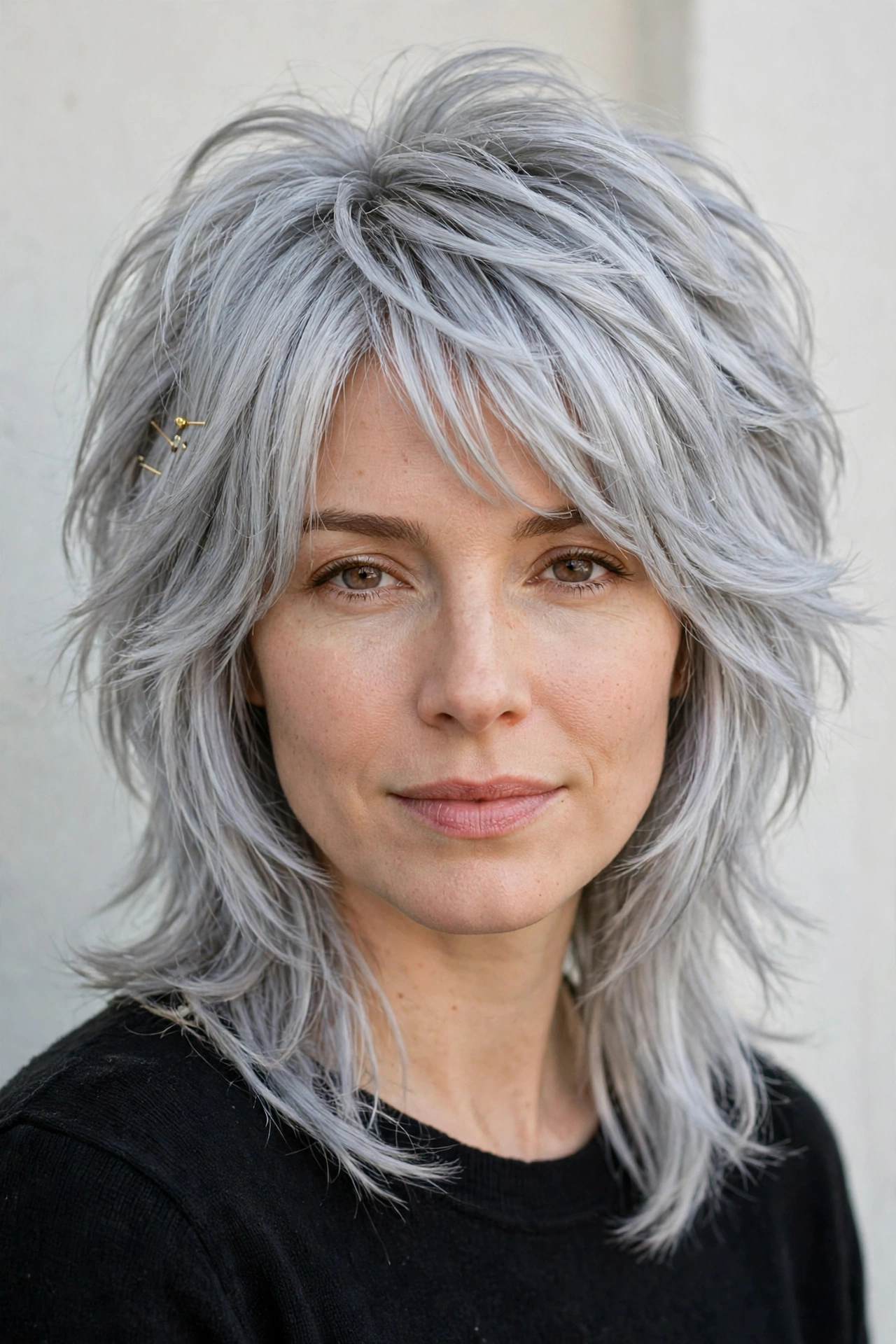 Silver Wolf Cut Hairstyles for Medium Hair with Volume at The Crown with Minimal Gold Pins