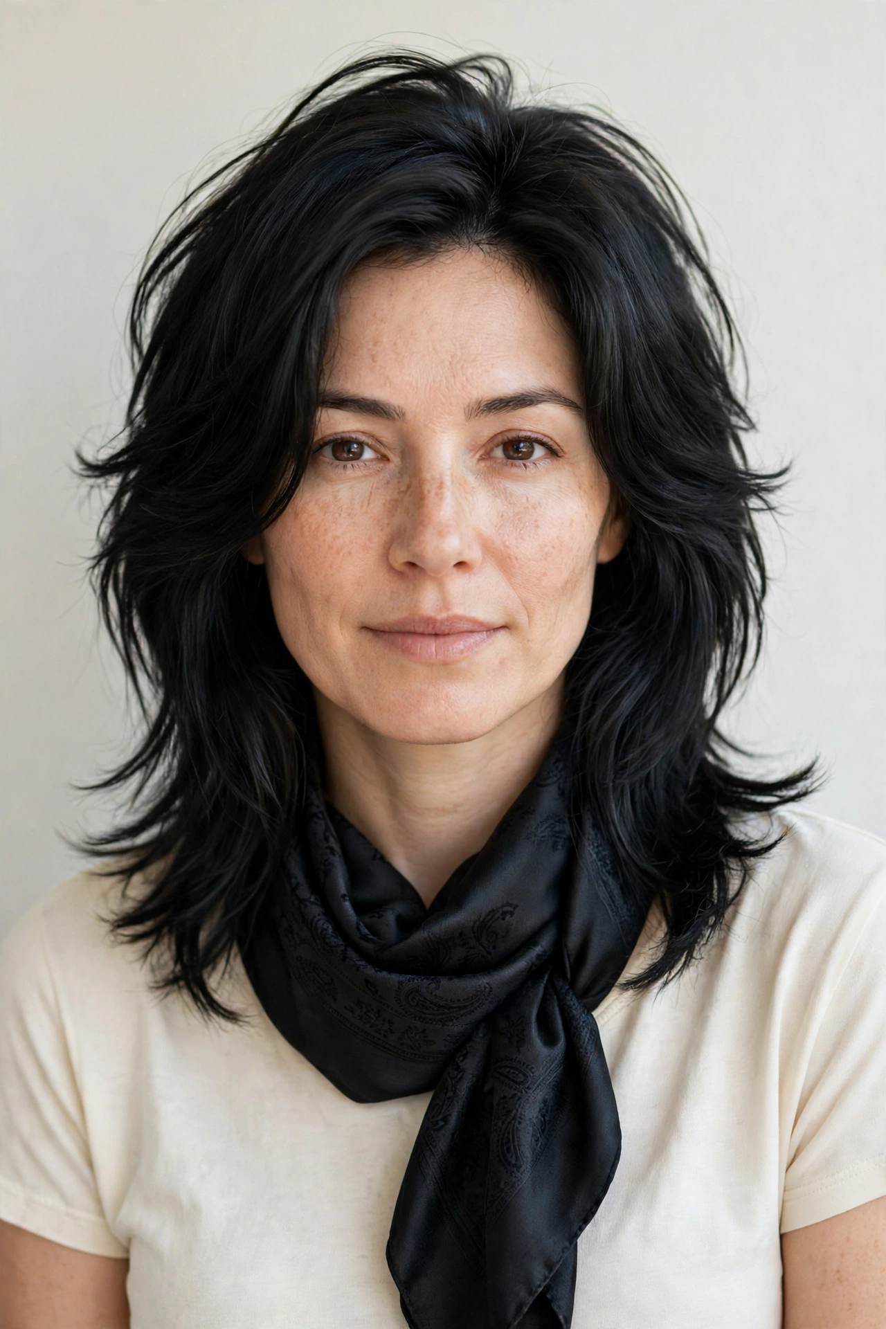 Wolf Cut Hairstyles for Medium Hair with Volume at The Crown in soft black with a sleek with shine finish