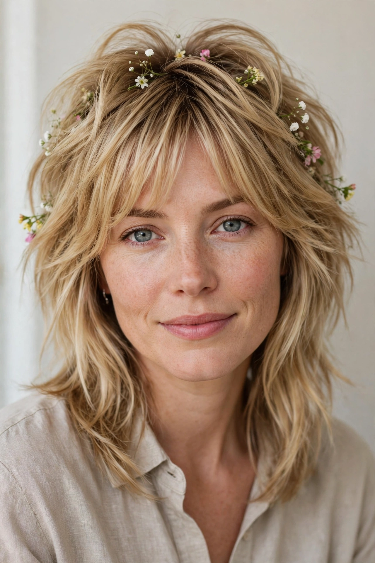 Honey Blonde Wolf Cut Hairstyles for Medium Hair with Volume at The Crown with Tiny Fresh Flowers