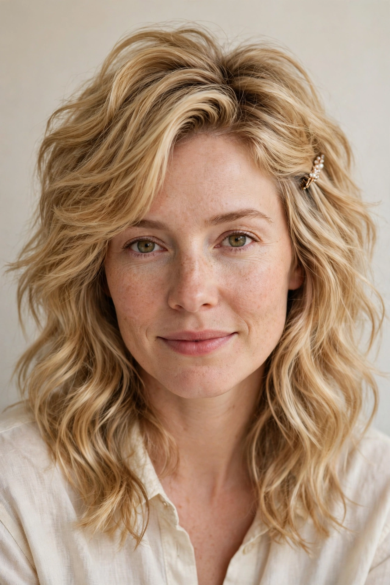 Wolf Cut Hairstyles for Medium Hair with Volume at The Crown in golden blonde with a softly waved finish