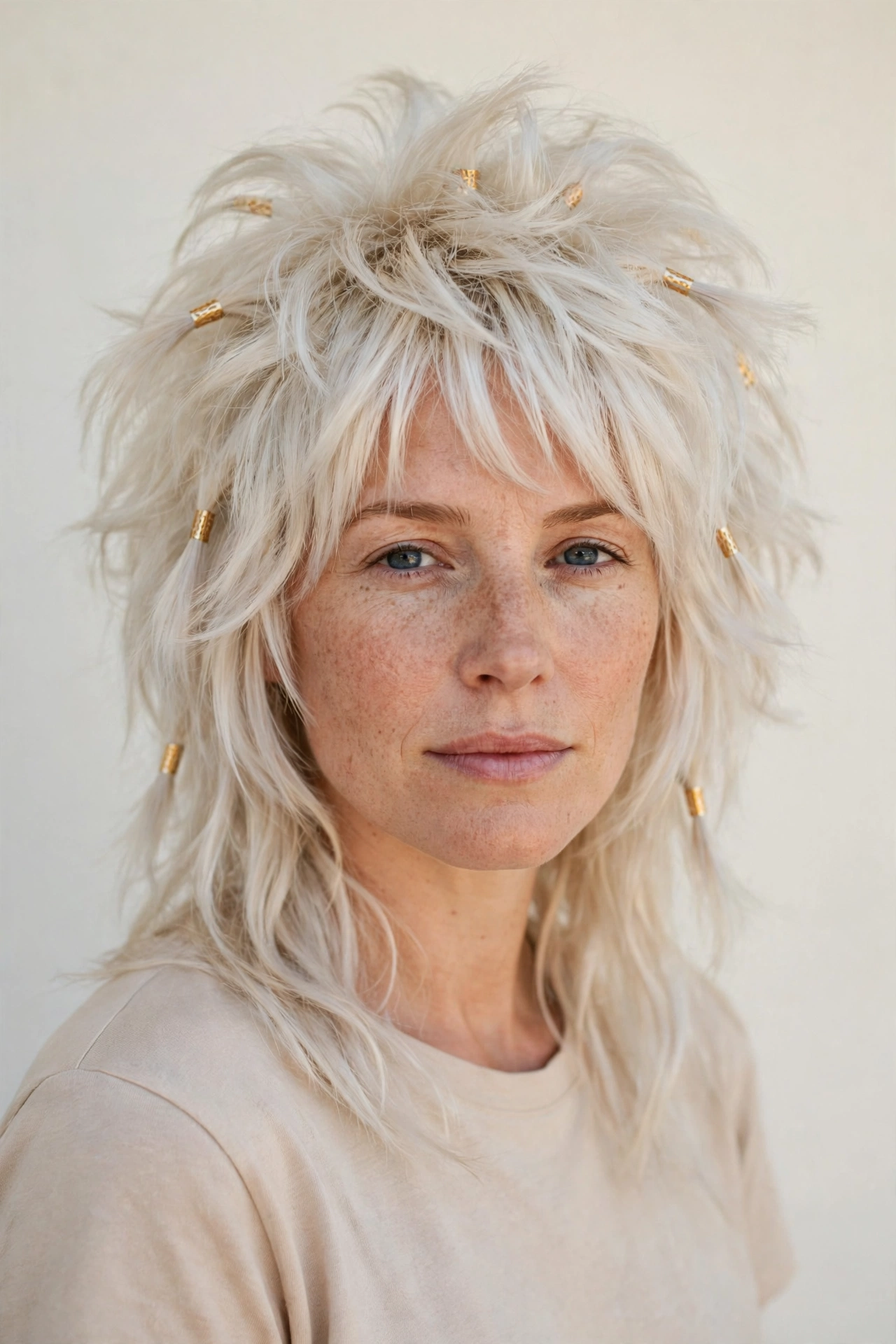 Platinum Blonde Wolf Cut Hairstyles for Medium Hair with Volume at The Crown with Small Gold Cuffs