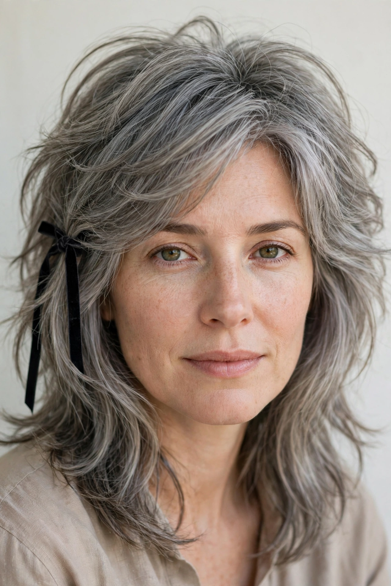 Wolf Cut Hairstyles for Medium Hair with Volume at The Crown in soft grey-blended with a relaxed with movement finish