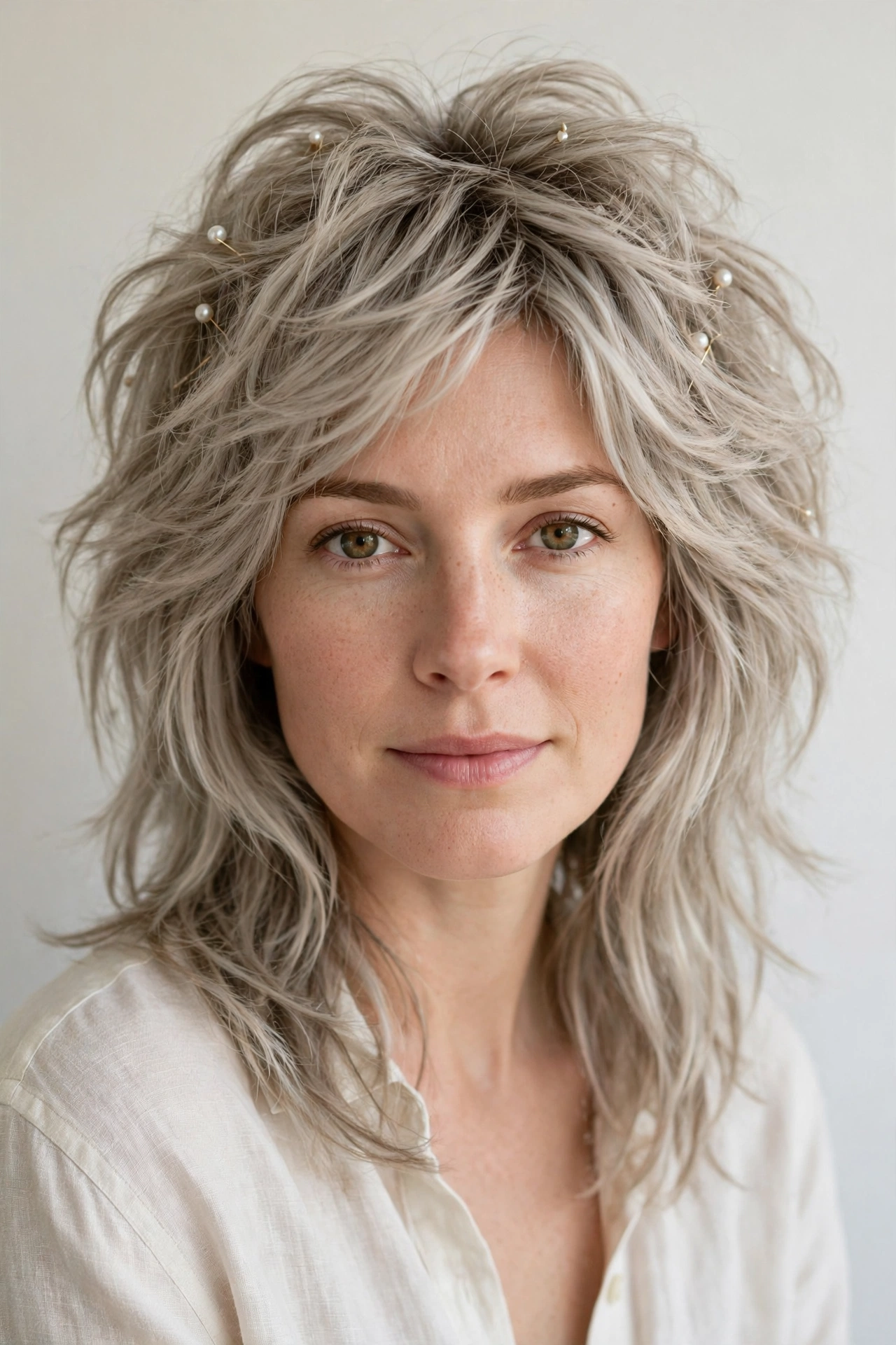 Ash Blonde Wolf Cut Hairstyles for Medium Hair with Volume at The Crown with Delicate Pearl Pins
