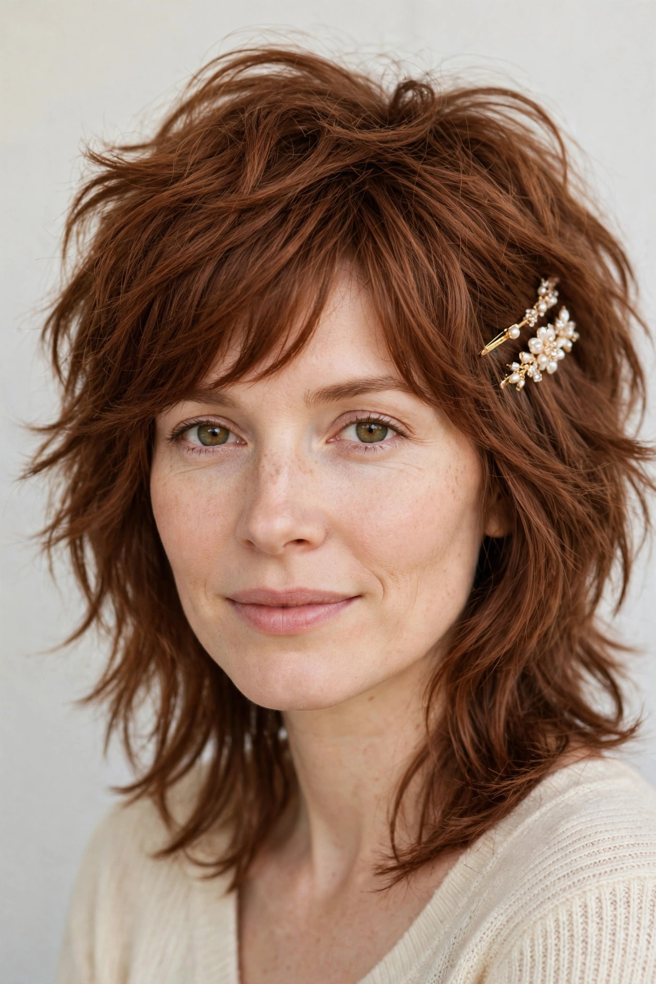 Wolf Cut Hairstyles for Medium Hair with Volume at The Crown in soft auburn with a softly textured finish