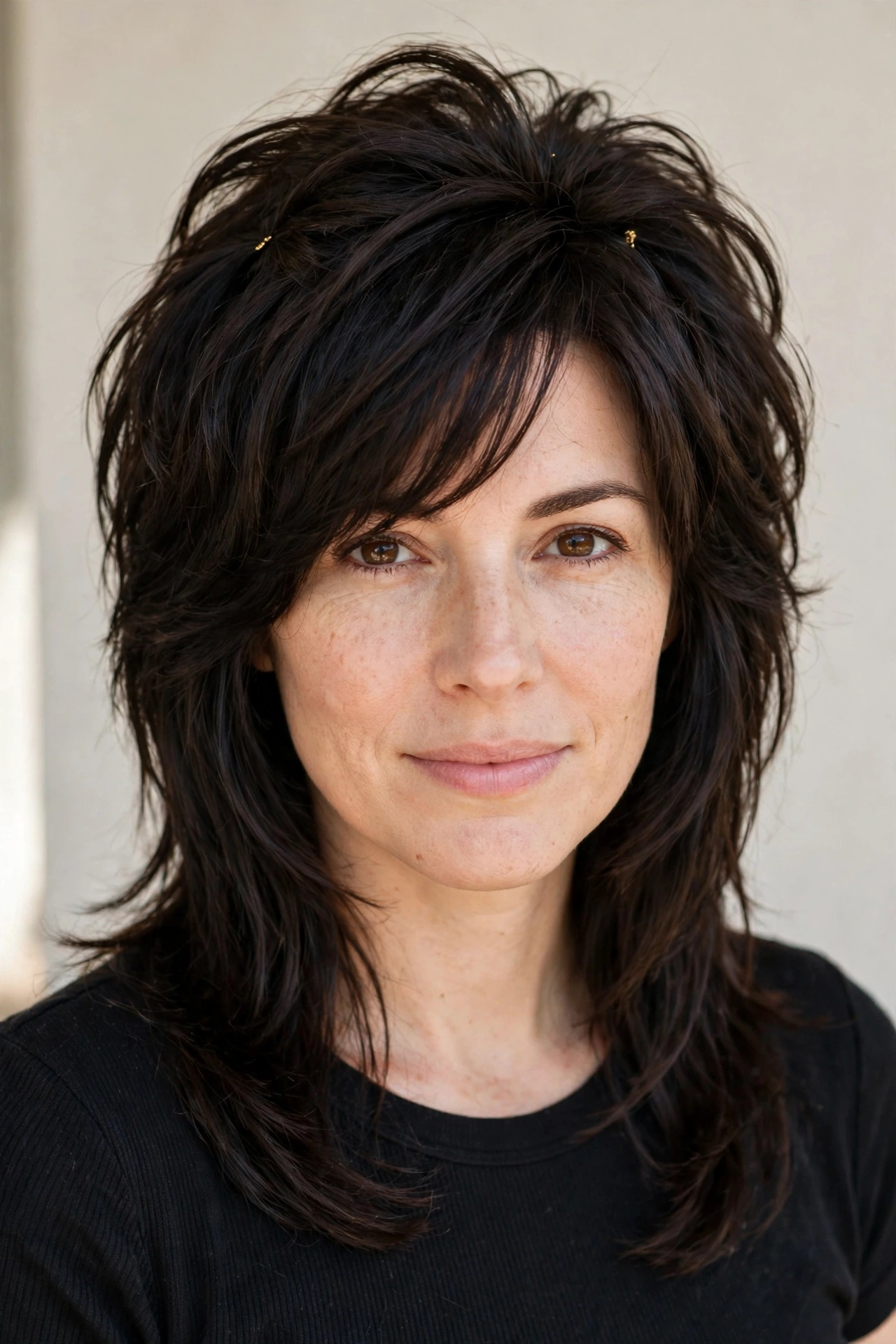 Deep Brunette Wolf Cut Hairstyles for Medium Hair with Volume at The Crown with Minimal Gold Pins