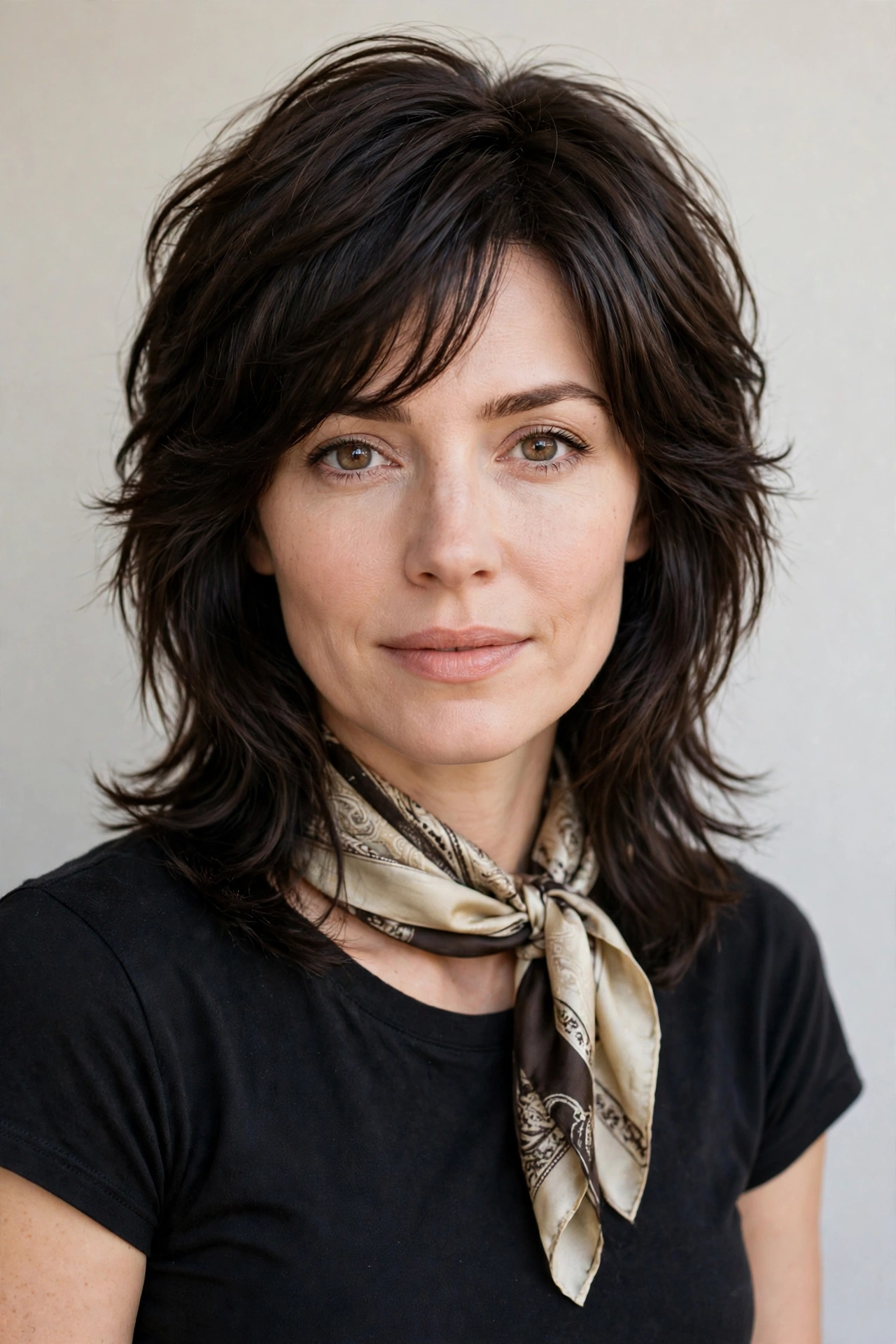 Wolf Cut Hairstyles for Medium Hair with Volume at The Crown in dark chocolate with a sleek with shine finish