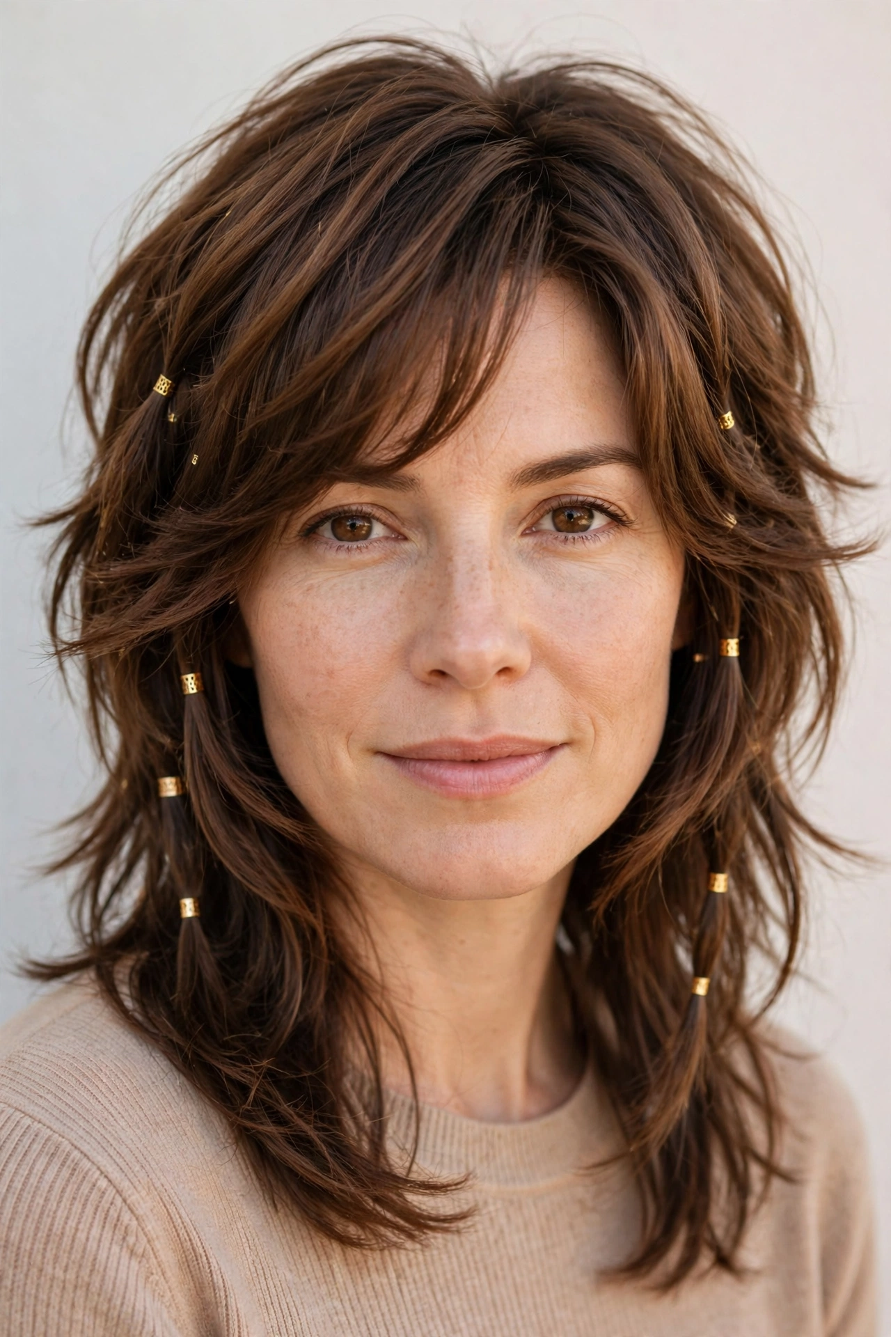 Warm Brown Wolf Cut Hairstyles for Spring with Choppy Face Framing Layers with Small Gold Cuffs
