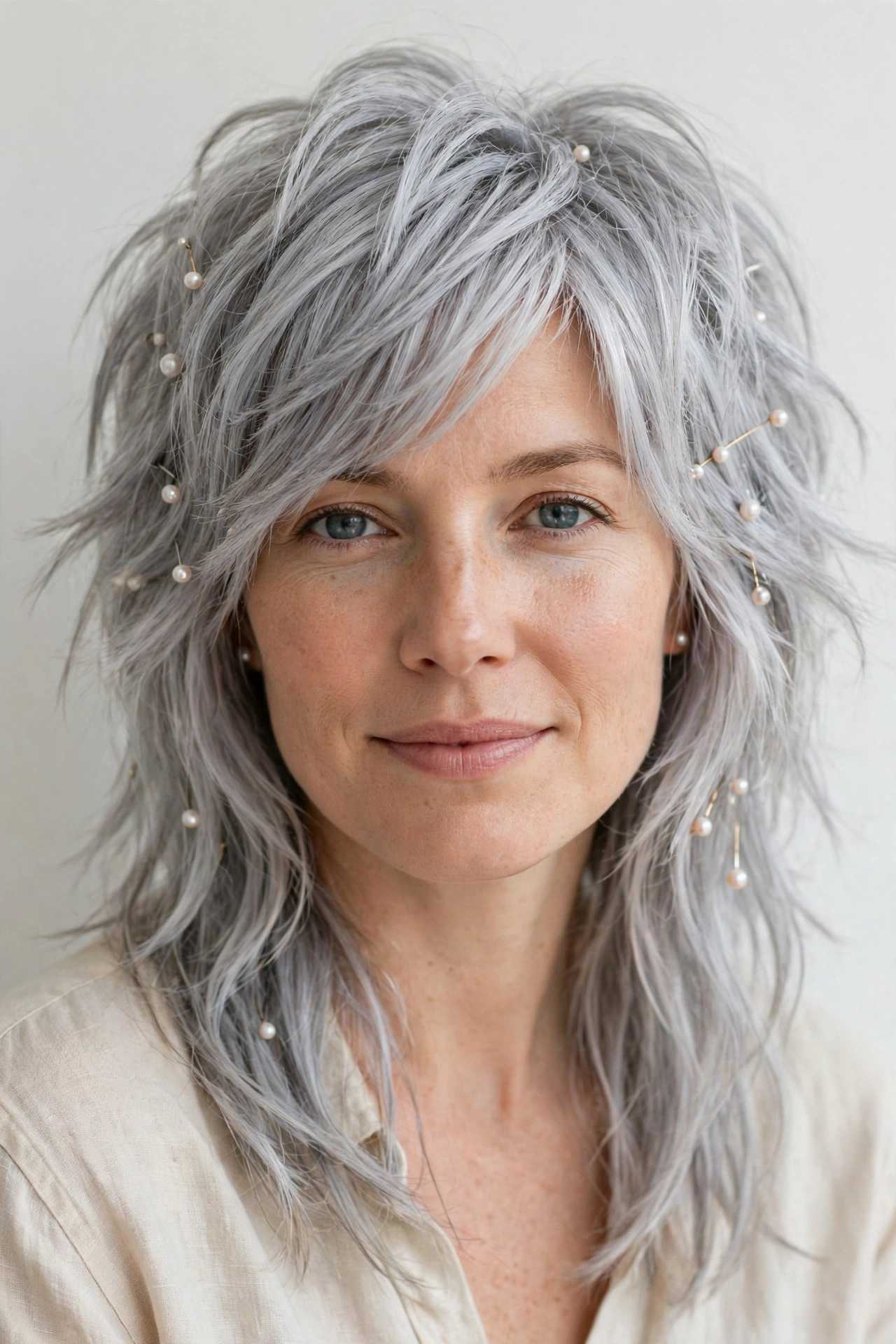 Silver Wolf Cut Hairstyles for Spring with Choppy Face Framing Layers with Delicate Pearl Pins
