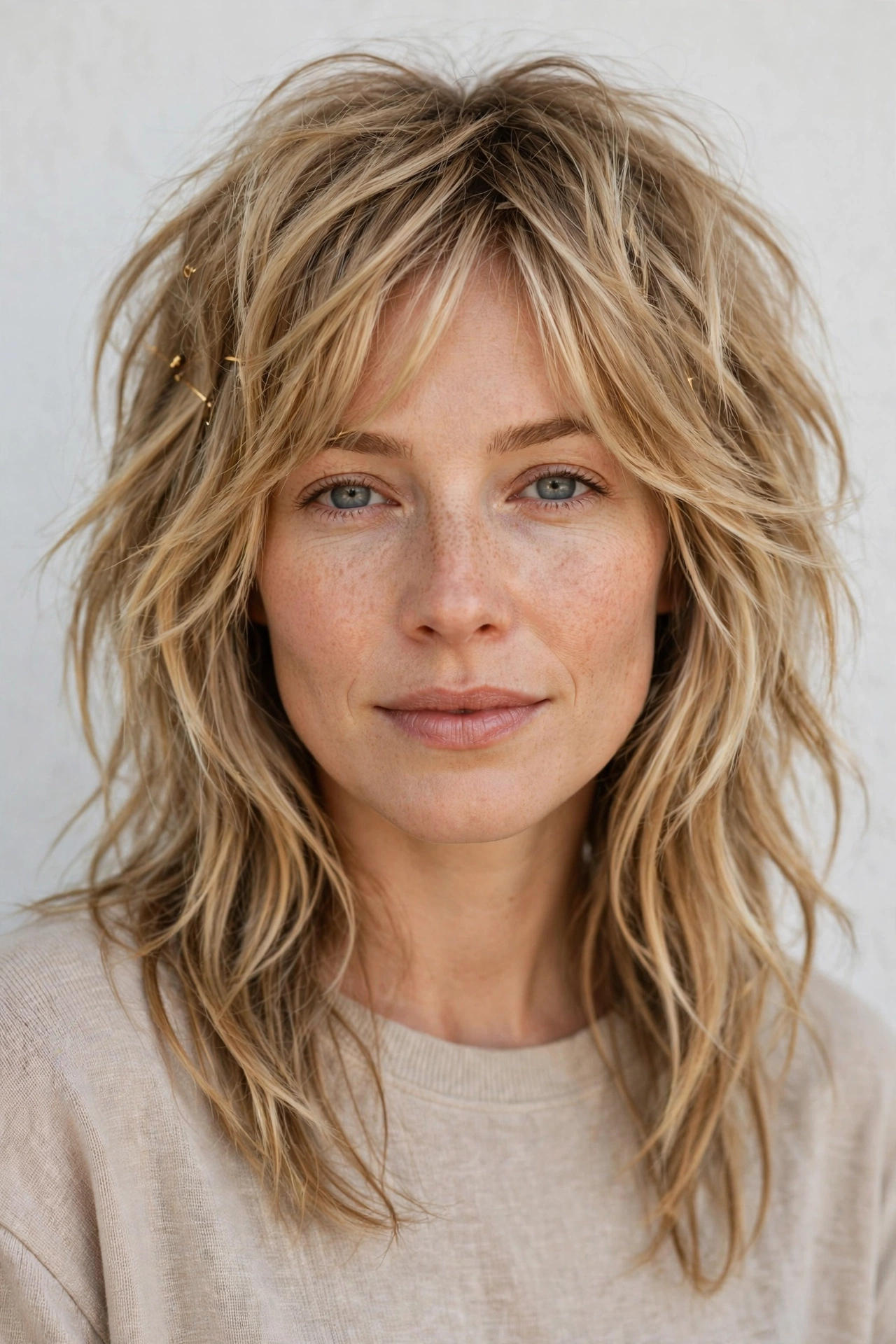 Honey Blonde Wolf Cut Hairstyles for Spring with Choppy Face Framing Layers with Minimal Gold Pins