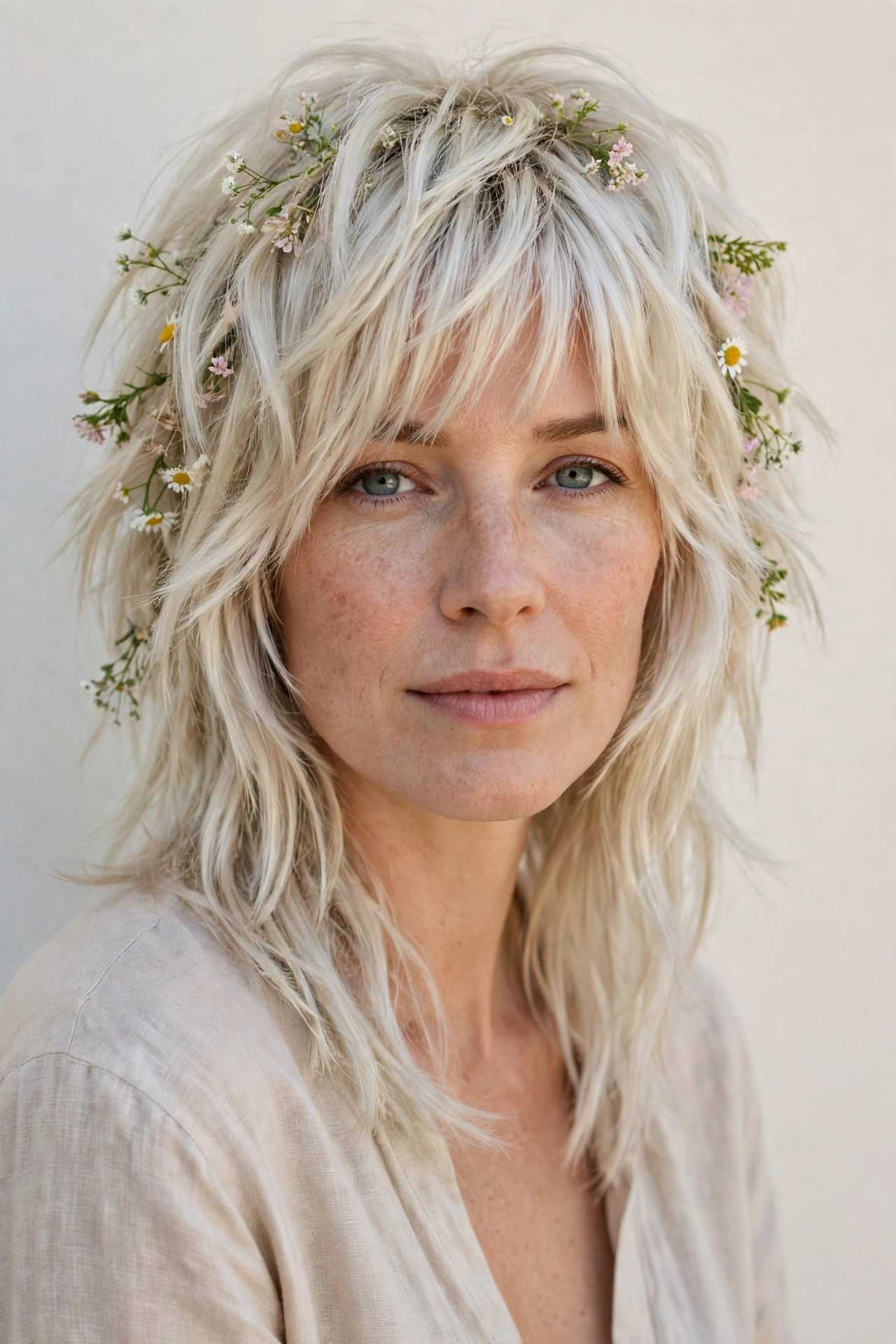 Platinum Blonde Wolf Cut Hairstyles for Spring with Choppy Face Framing Layers with Tiny Fresh Flowers