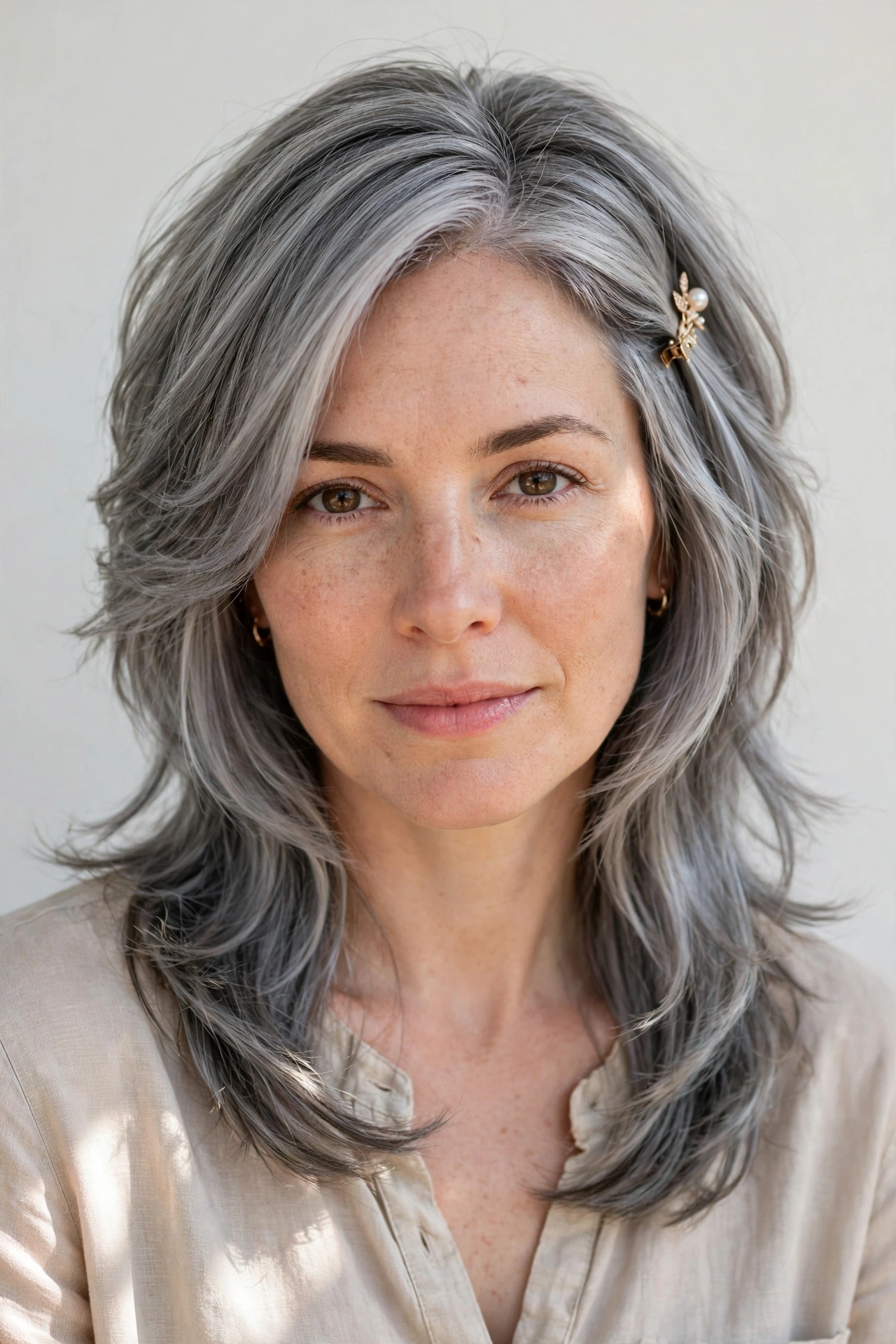 Wolf Cut Hairstyles for Spring with Choppy Face Framing Layers in soft grey-blended with a sleek with shine finish