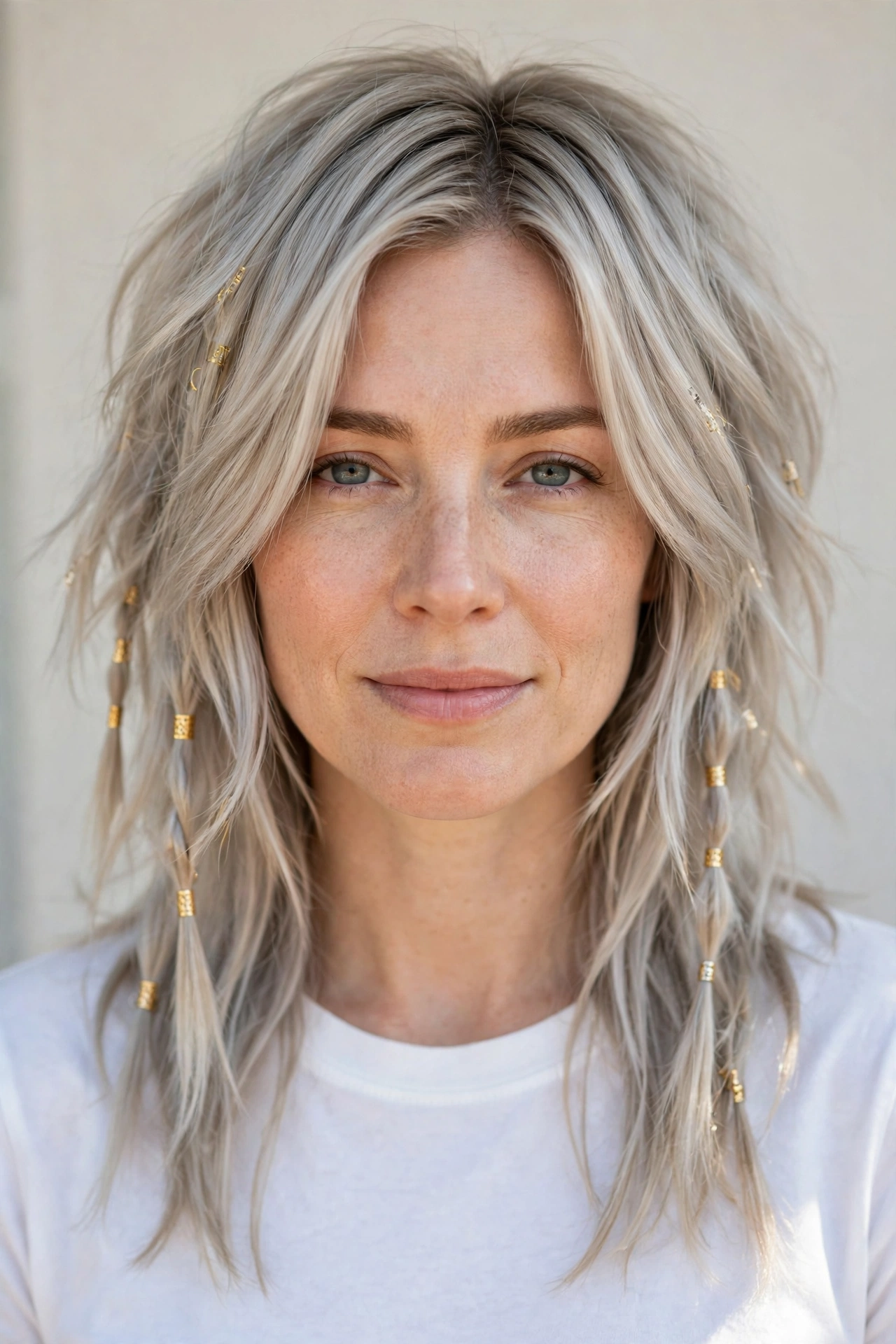 Ash Blonde Wolf Cut Hairstyles for Spring with Choppy Face Framing Layers with Small Gold Cuffs