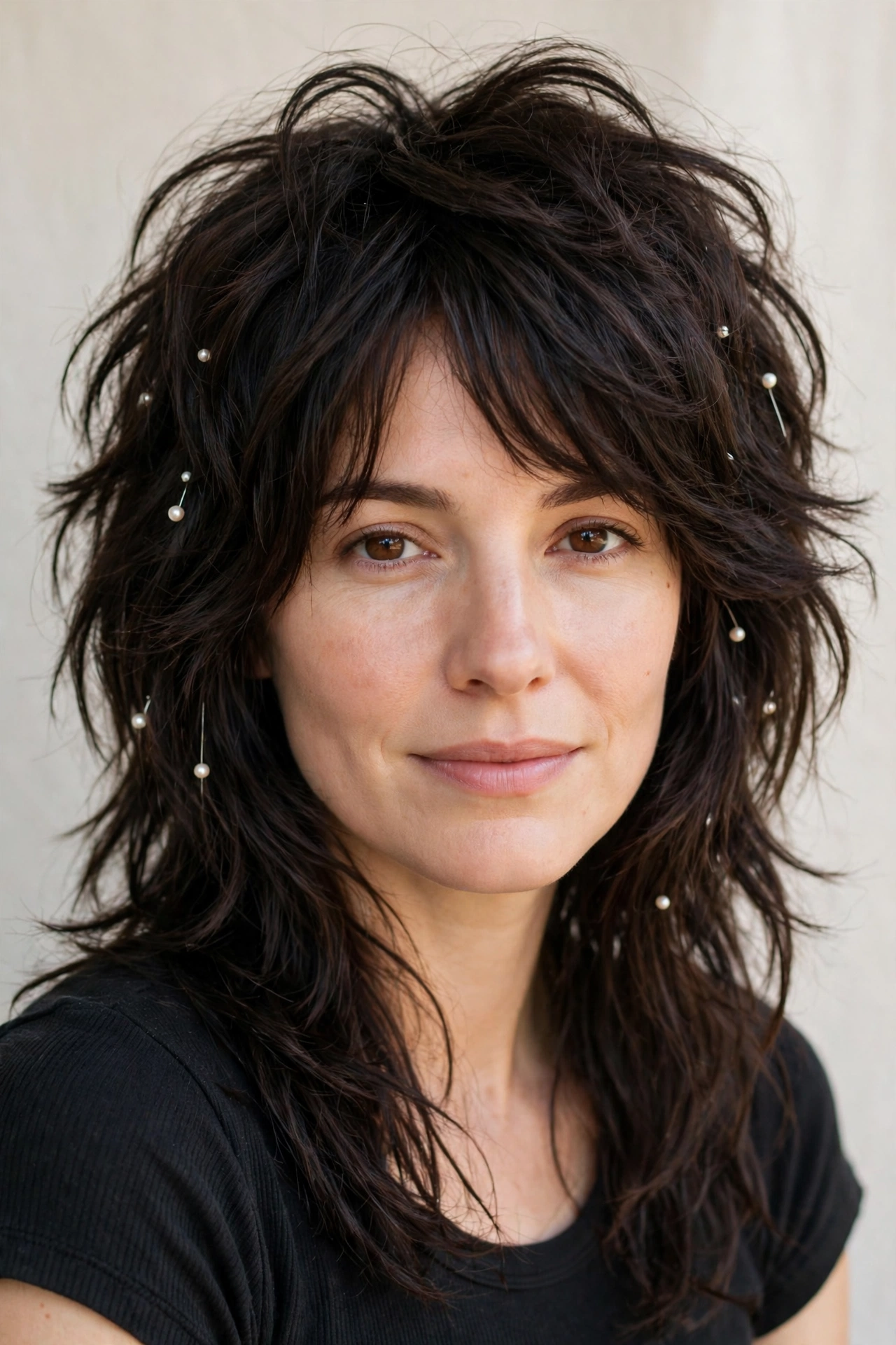 Deep Brunette Wolf Cut Hairstyles for Spring with Choppy Face Framing Layers with Delicate Pearl Pins