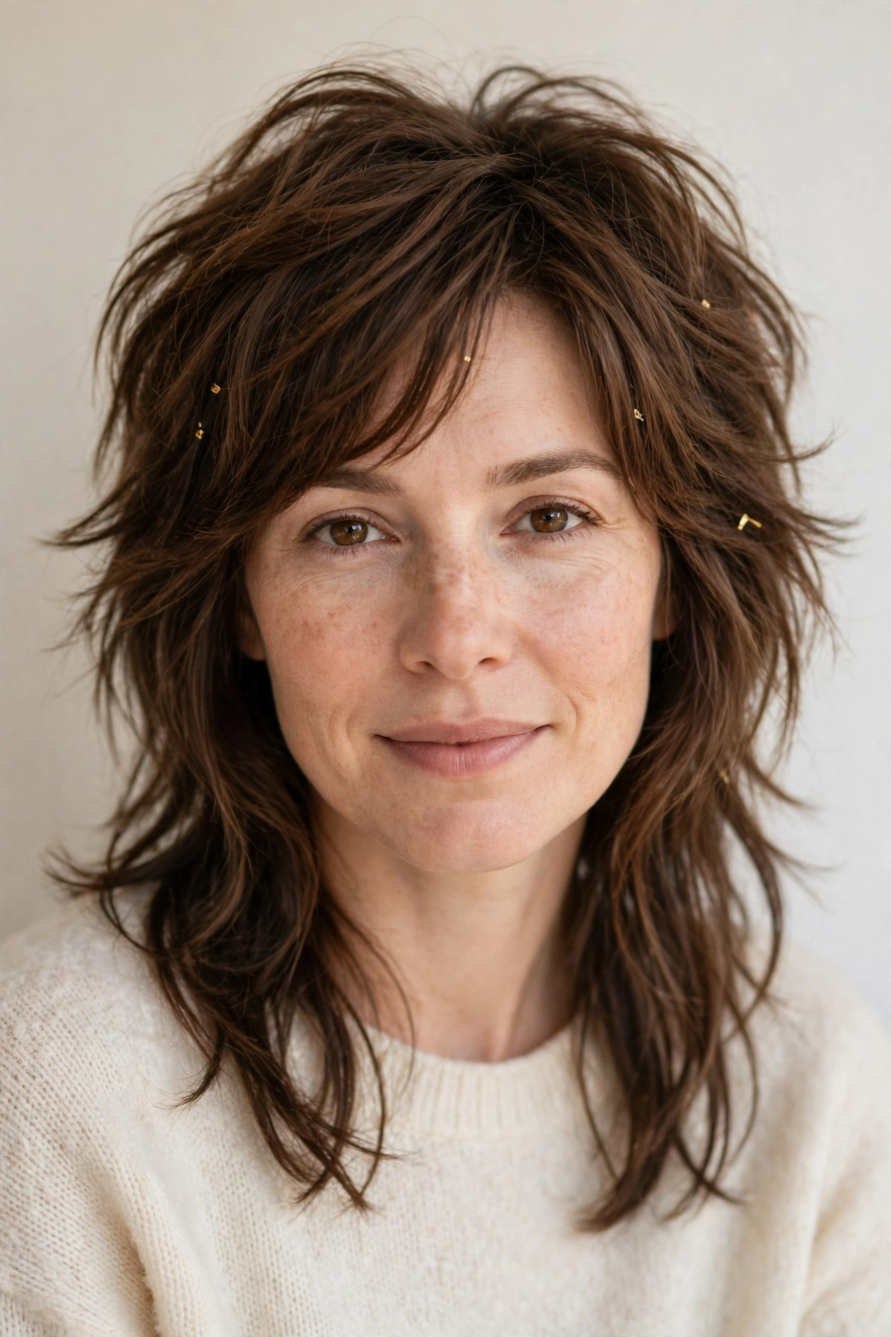 Warm Brown Wolf Cut Hairstyles for Spring with Choppy Face Framing Layers with Minimal Gold Pins