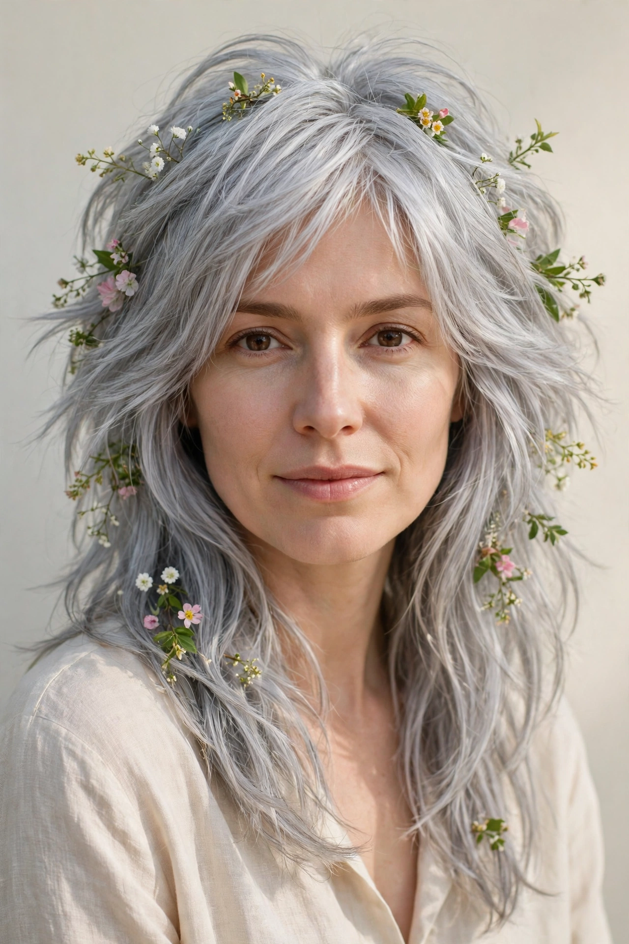 Silver Wolf Cut Hairstyles for Spring with Choppy Face Framing Layers with Tiny Fresh Flowers